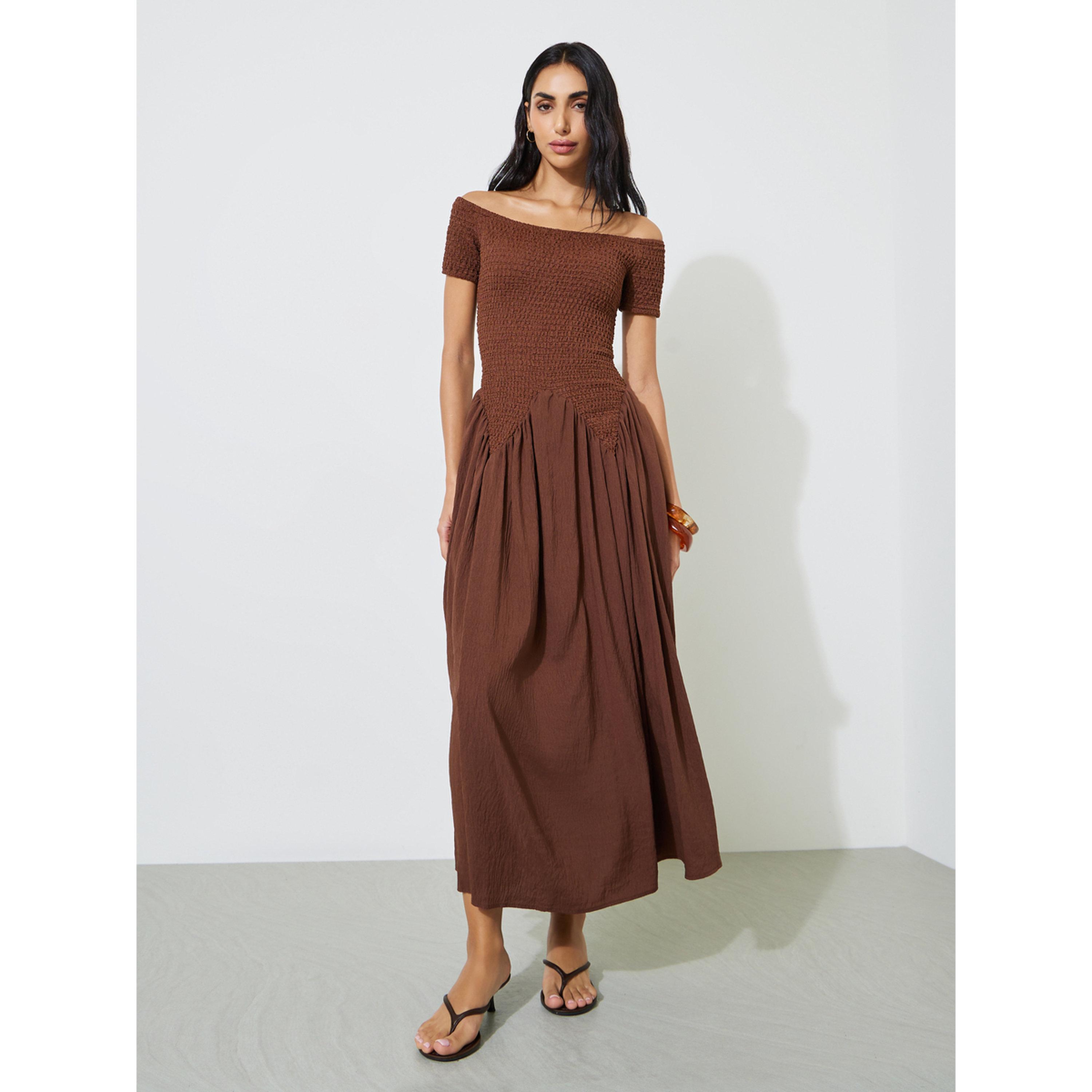 Styli Brown Solid Off-Shoulder Ruched A-Line Maxi Dress-women-clothing-dresses-image-1