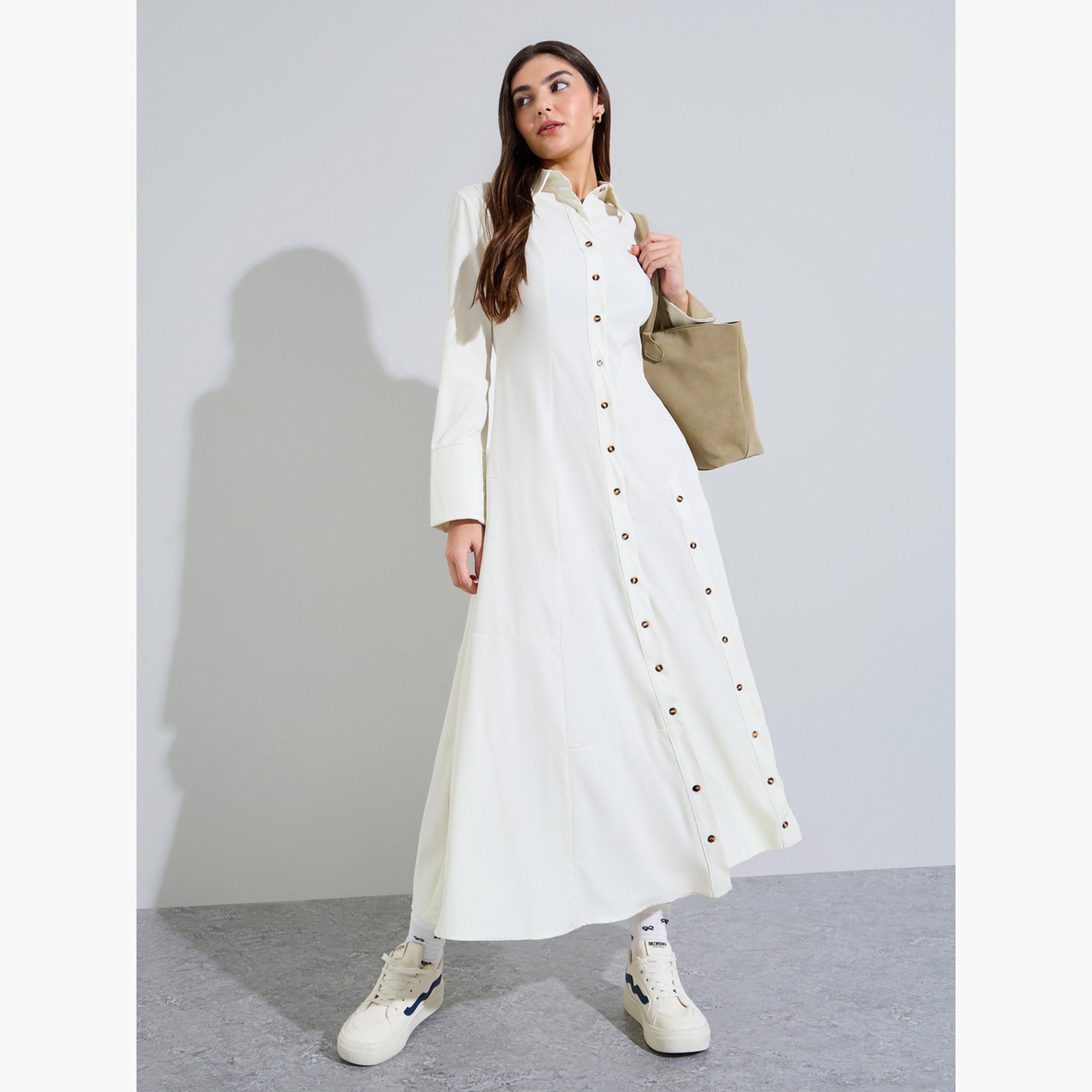 ستايلي - فستان ماكسي أبيض اللون بأزرار أمامية-women-clothing-dresses-image-3