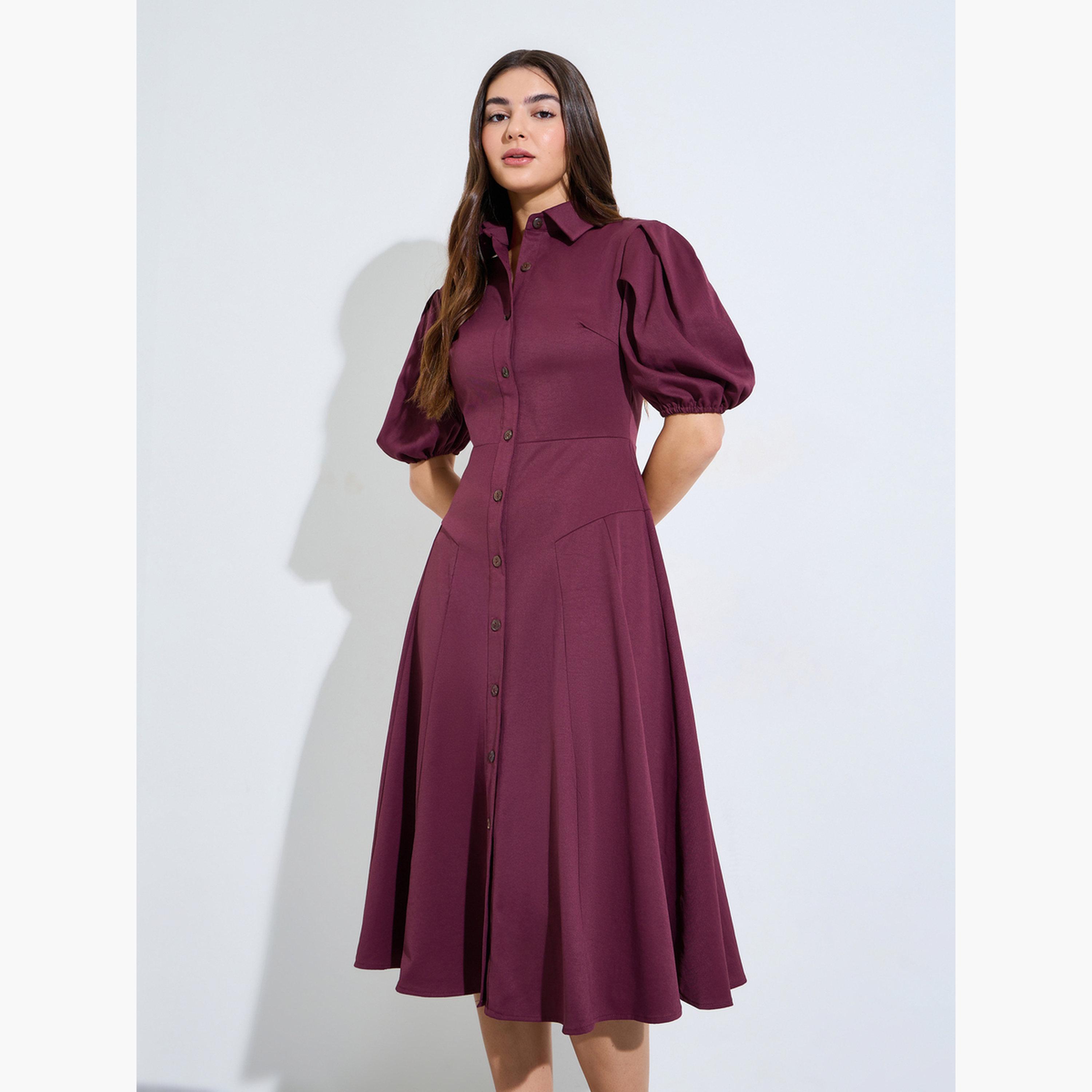 فستان ميدي بنمط بلوزة وأكمام منفوخة-women-clothing-dresses-image-1