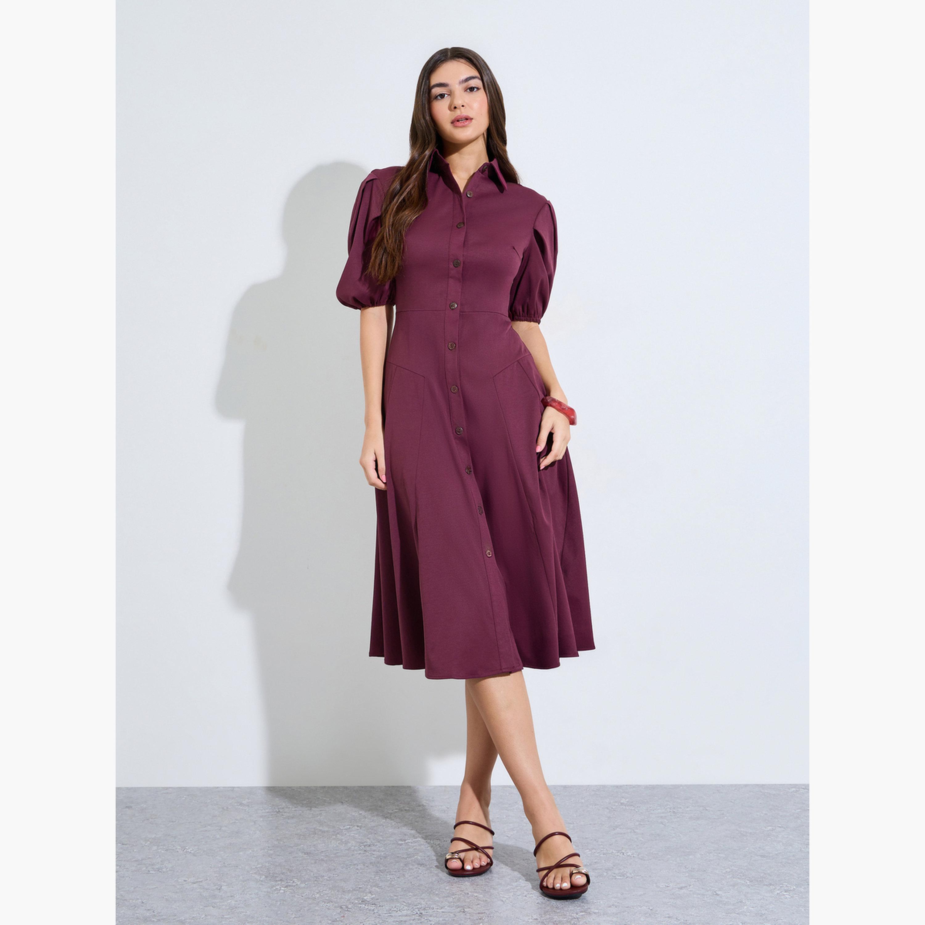 فستان ميدي بنمط بلوزة وأكمام منفوخة-women-clothing-dresses-image-2