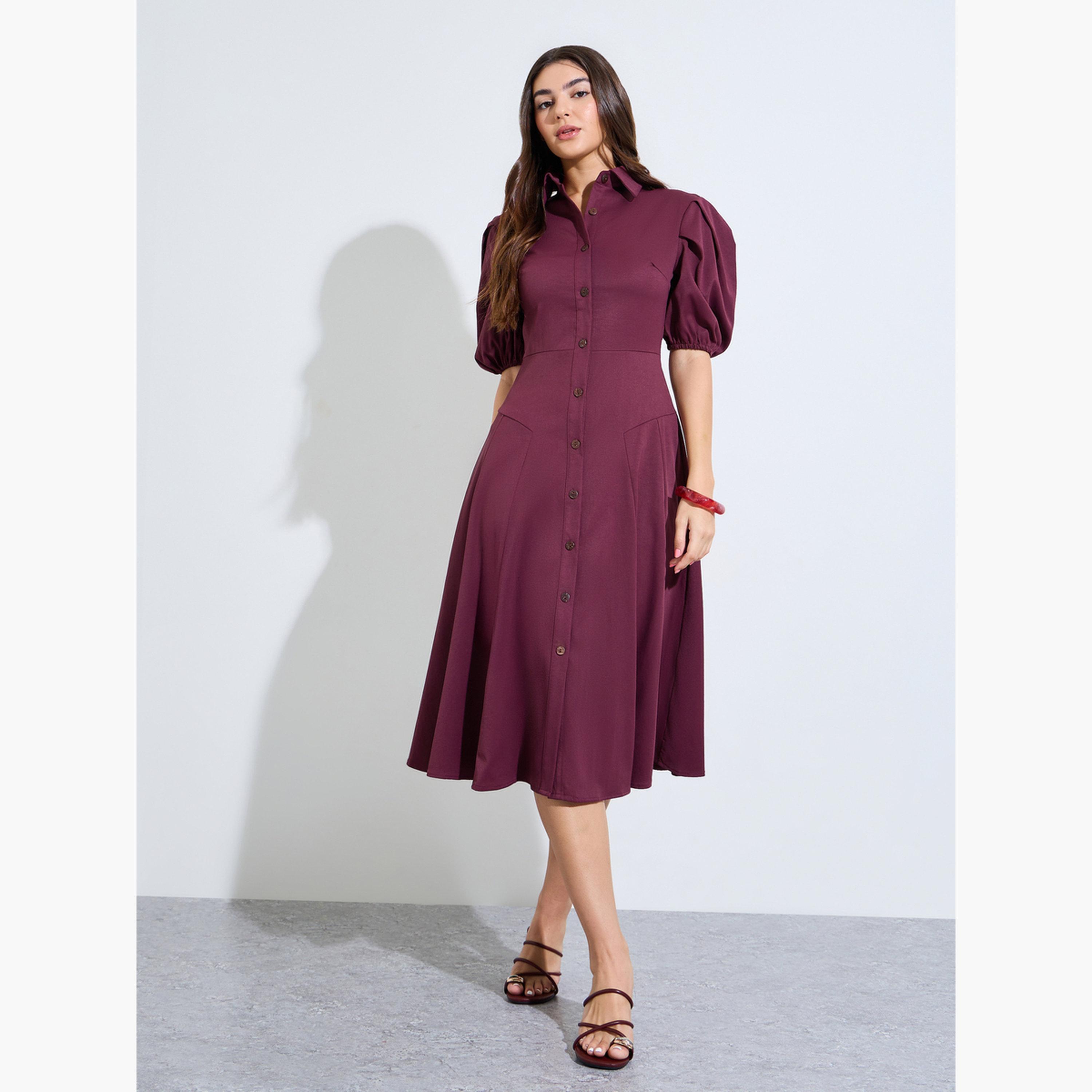 فستان ميدي بنمط بلوزة وأكمام منفوخة-women-clothing-dresses-image-3