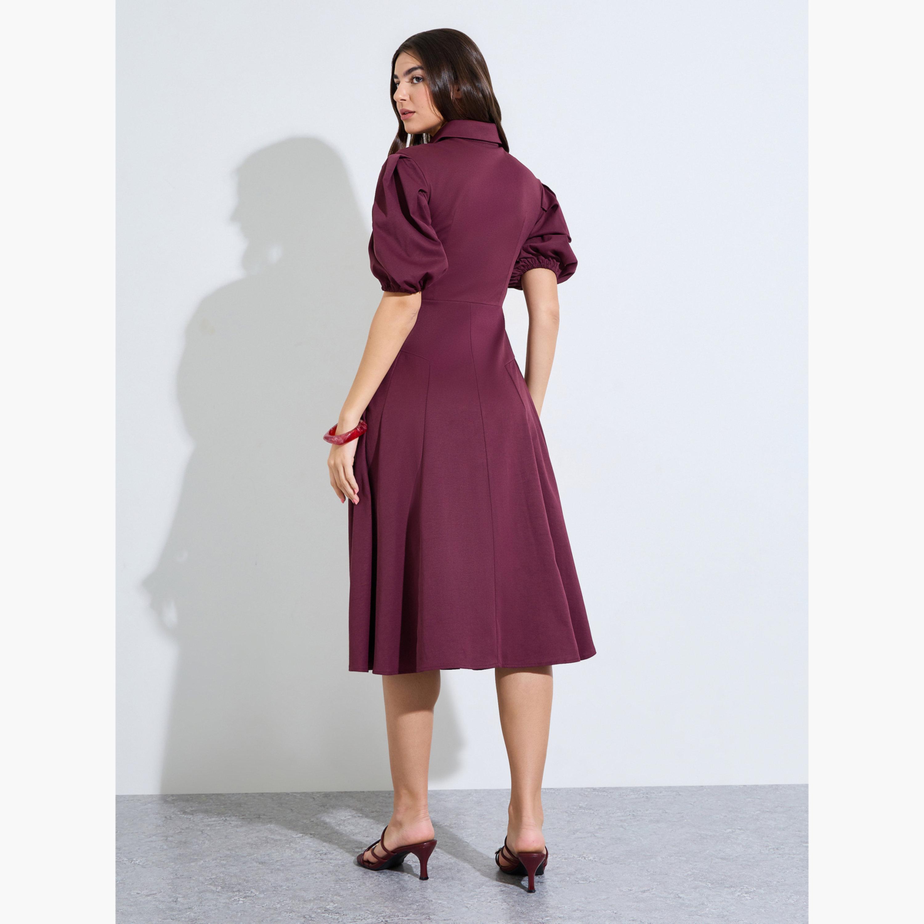 فستان ميدي بنمط بلوزة وأكمام منفوخة-women-clothing-dresses-image-4
