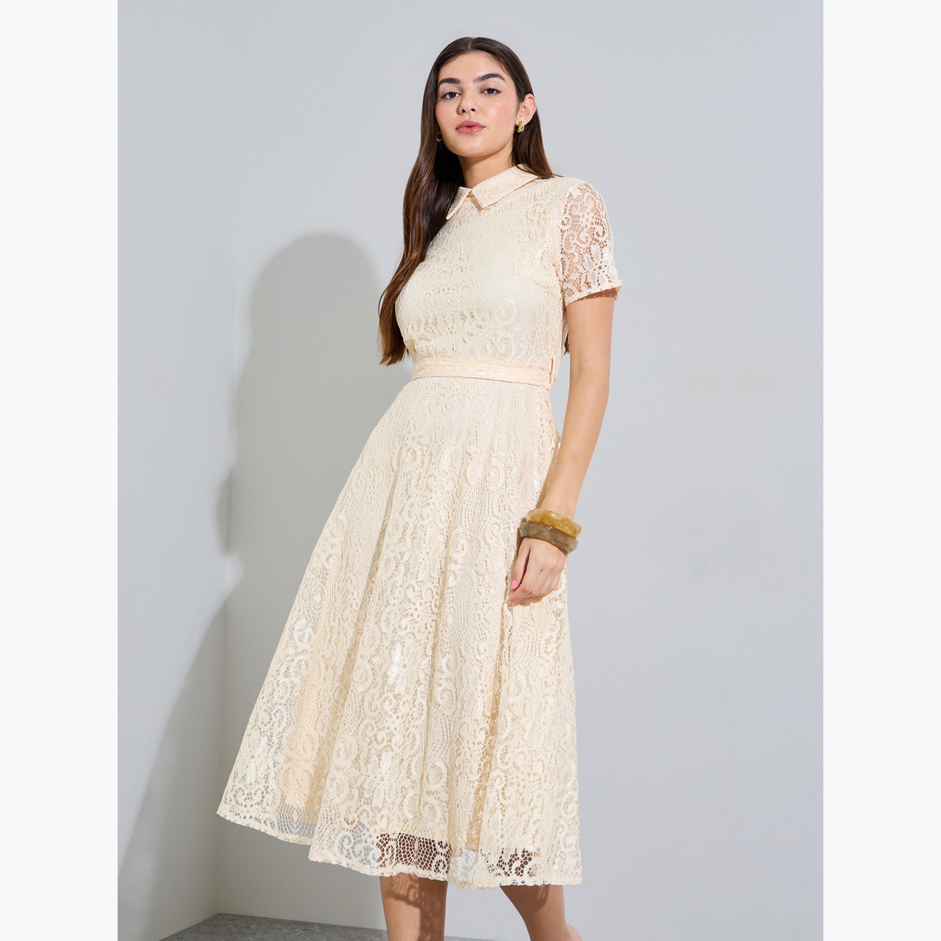 ستايلي - فستان ميدي كريمي اللون من الدانتيل تصميم A مع حزام ربط-women-clothing-dresses-image-1