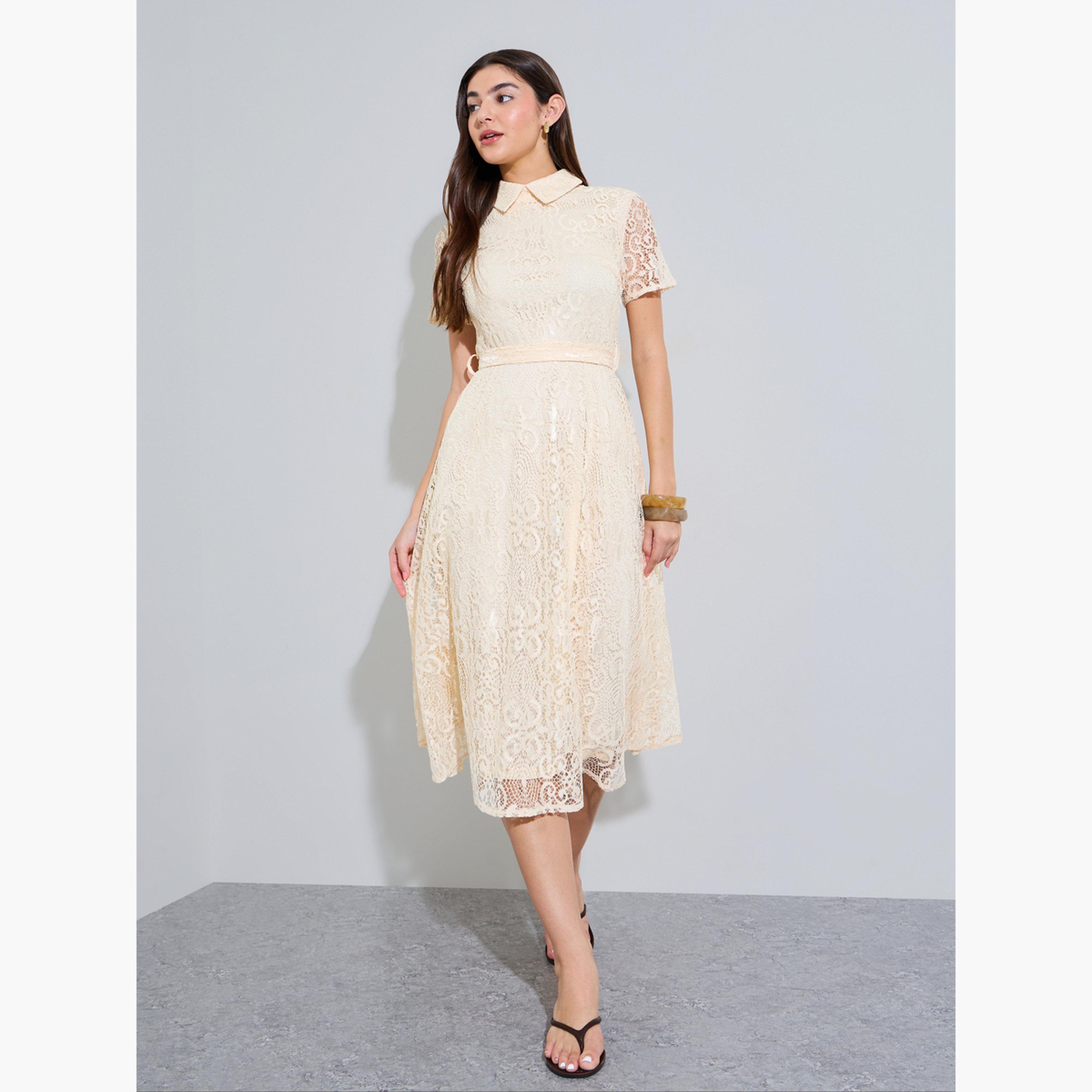 ستايلي - فستان ميدي كريمي اللون من الدانتيل تصميم A مع حزام ربط-women-clothing-dresses-image-2