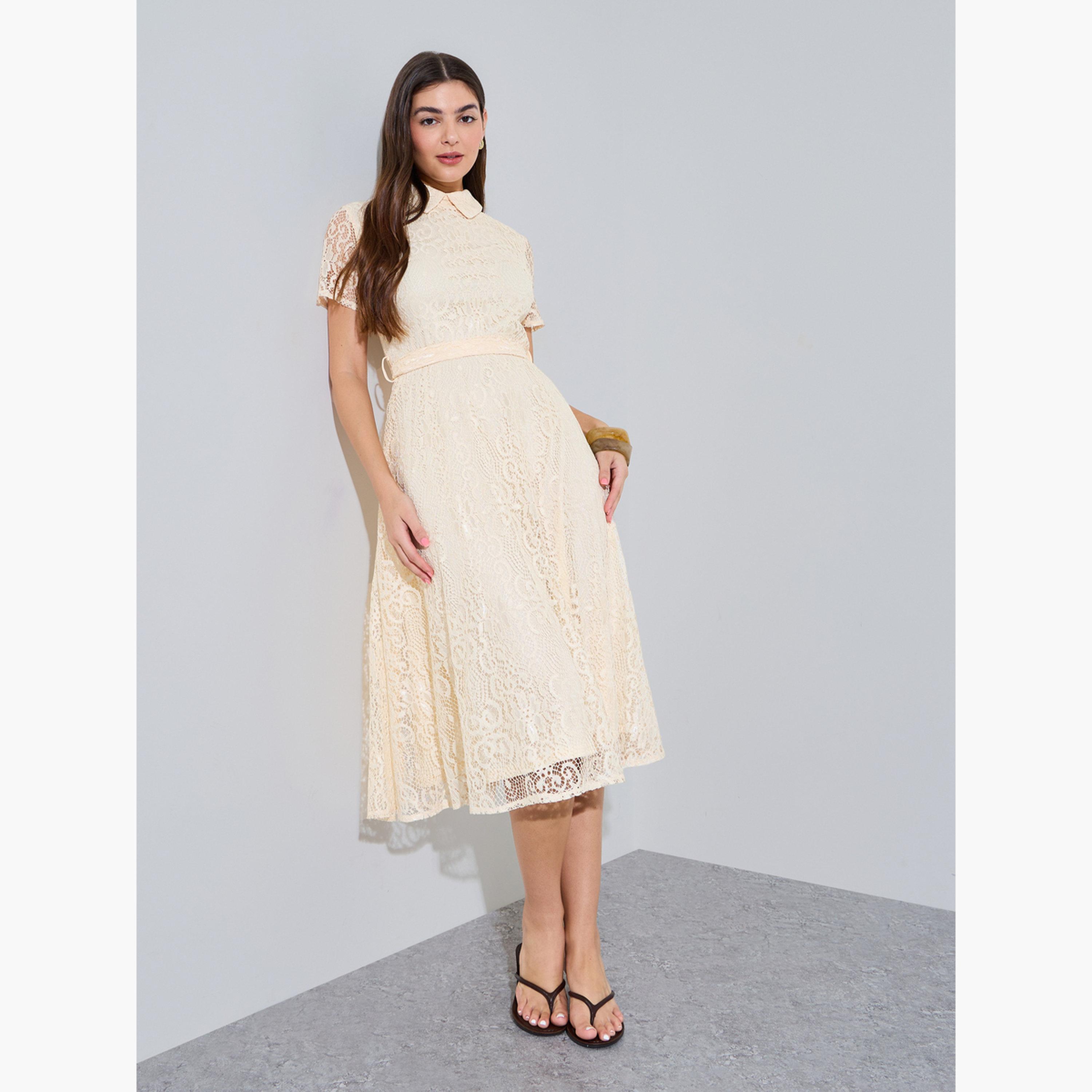 ستايلي - فستان ميدي كريمي اللون من الدانتيل تصميم A مع حزام ربط-women-clothing-dresses-image-3