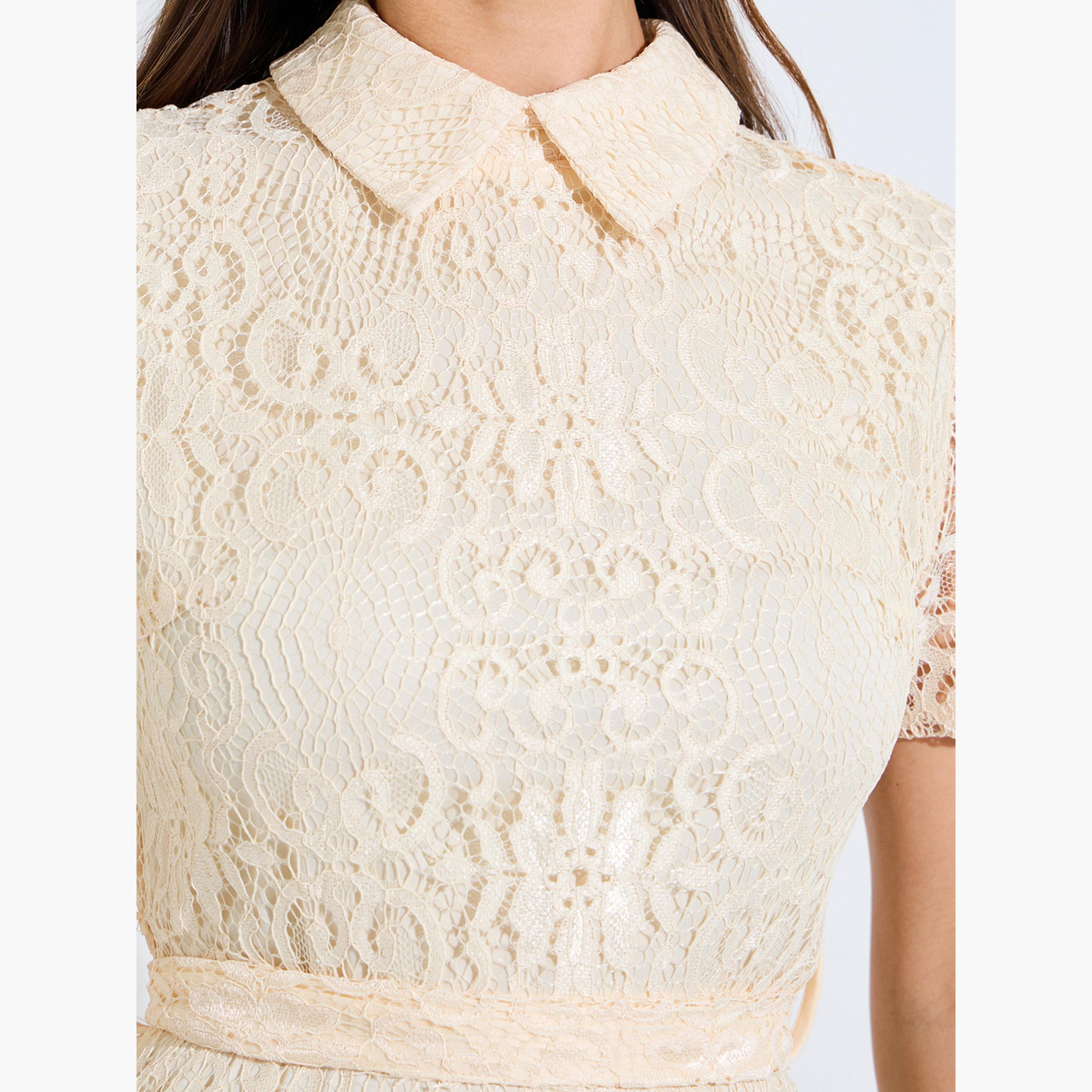 ستايلي - فستان ميدي كريمي اللون من الدانتيل تصميم A مع حزام ربط-women-clothing-dresses-image-5