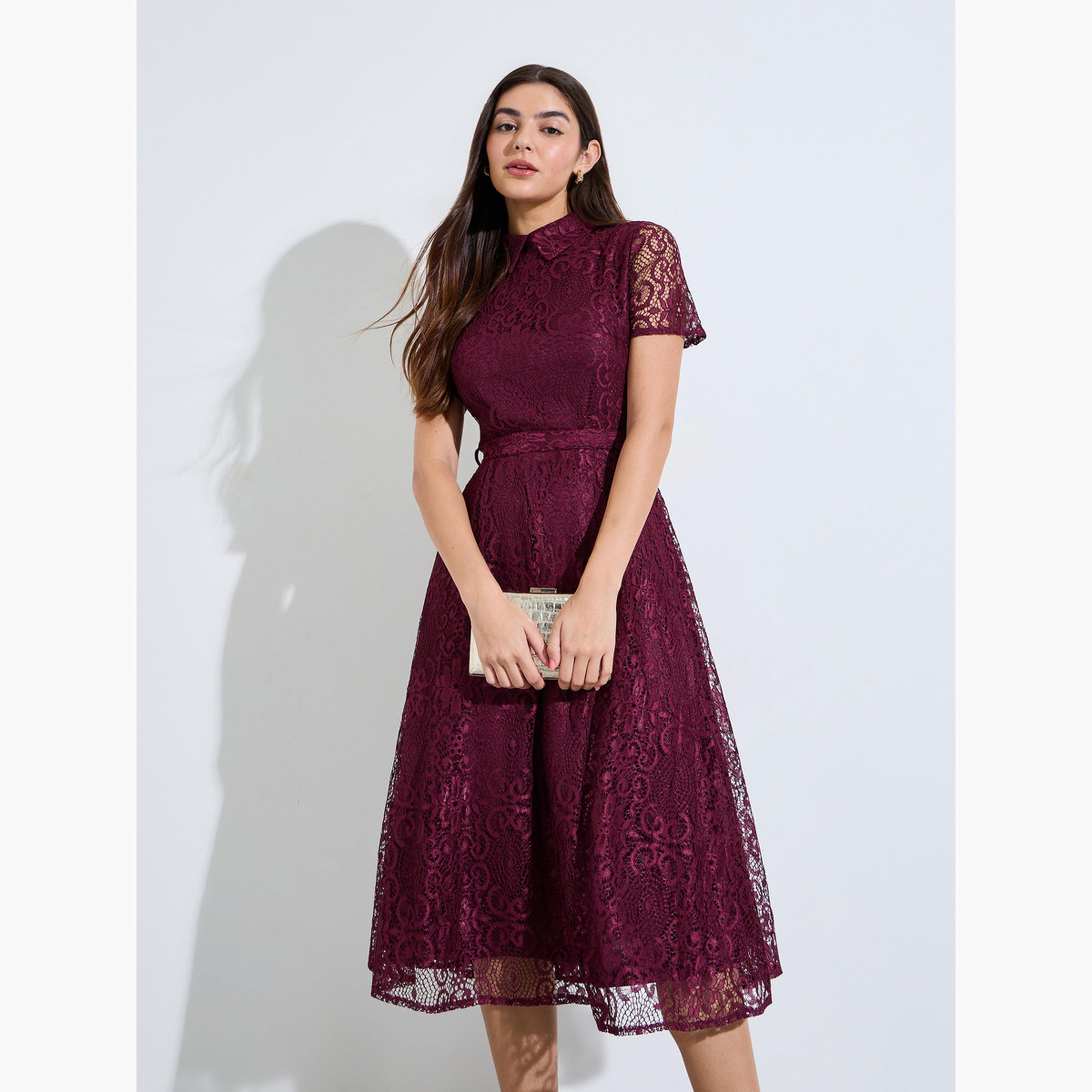 ستايلي - فستان ميدي تصميم A من الدانتيل العنابي مع حزام ربط-women-clothing-dresses-image-1