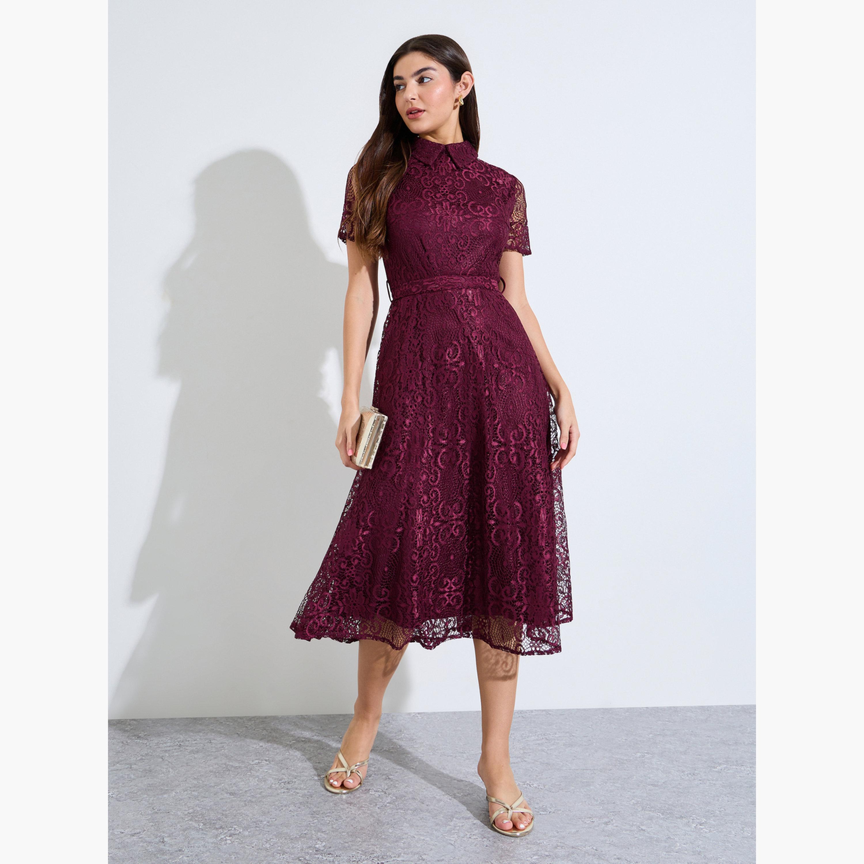 ستايلي - فستان ميدي تصميم A من الدانتيل العنابي مع حزام ربط-women-clothing-dresses-image-2