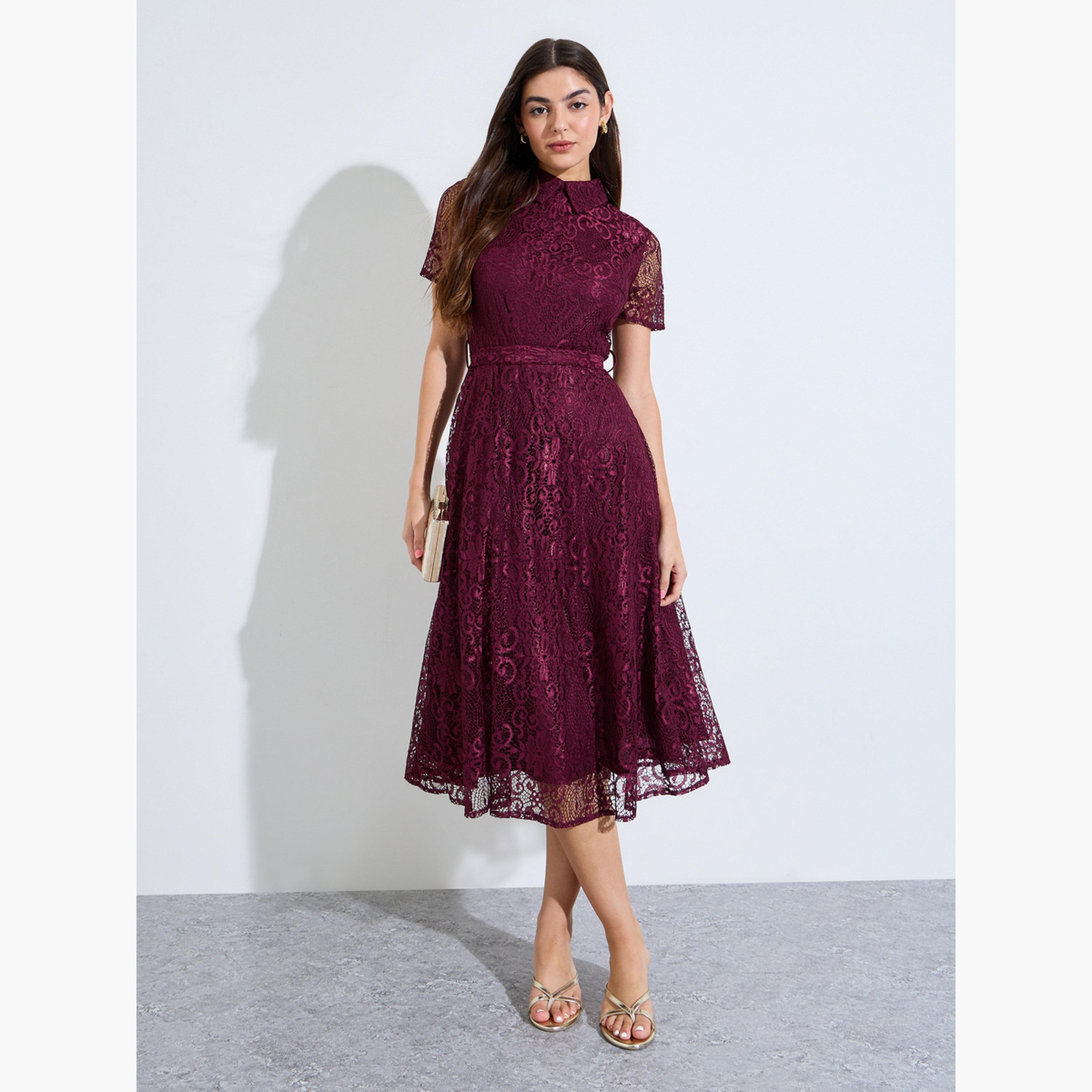 ستايلي - فستان ميدي تصميم A من الدانتيل العنابي مع حزام ربط-women-clothing-dresses-image-3
