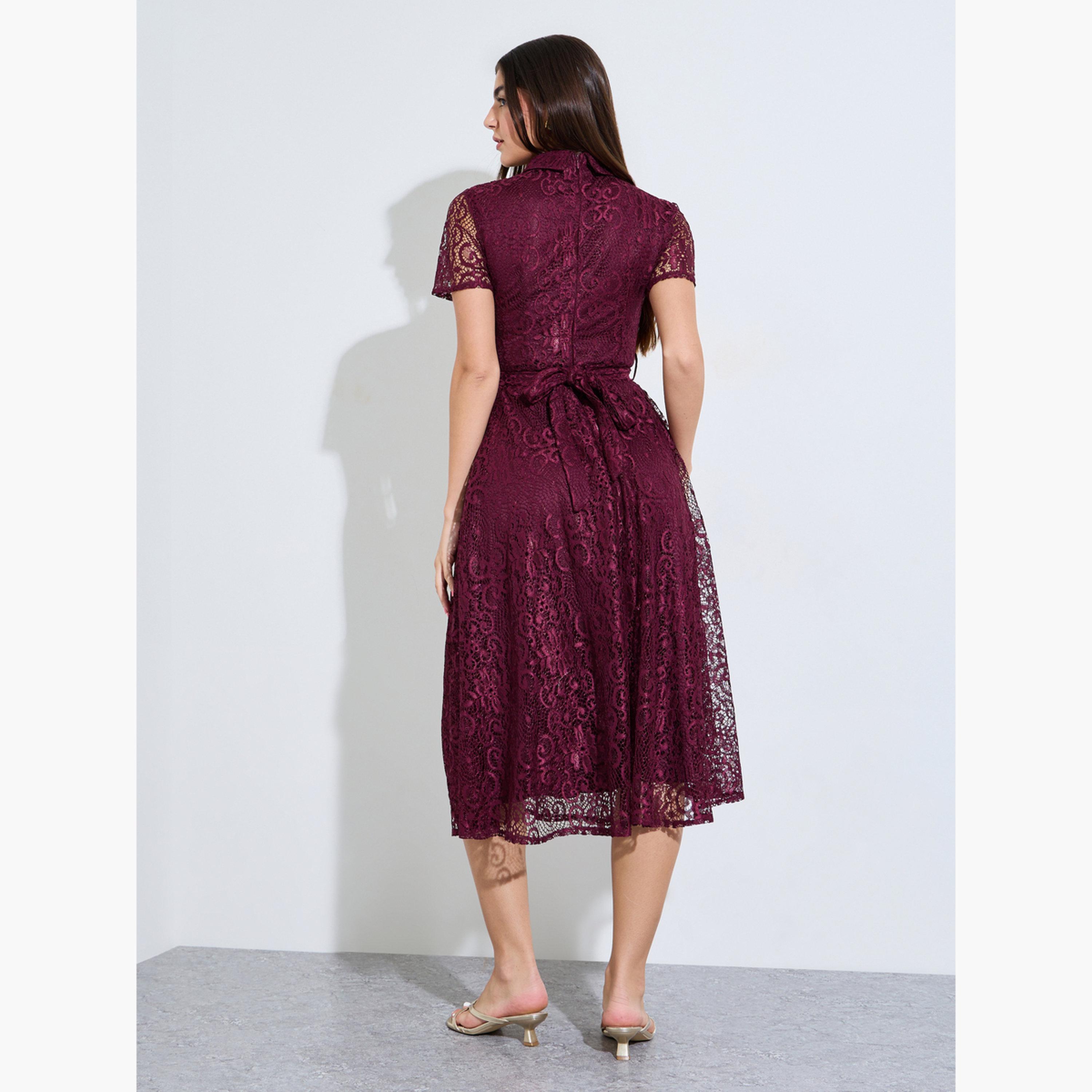 ستايلي - فستان ميدي تصميم A من الدانتيل العنابي مع حزام ربط-women-clothing-dresses-image-4