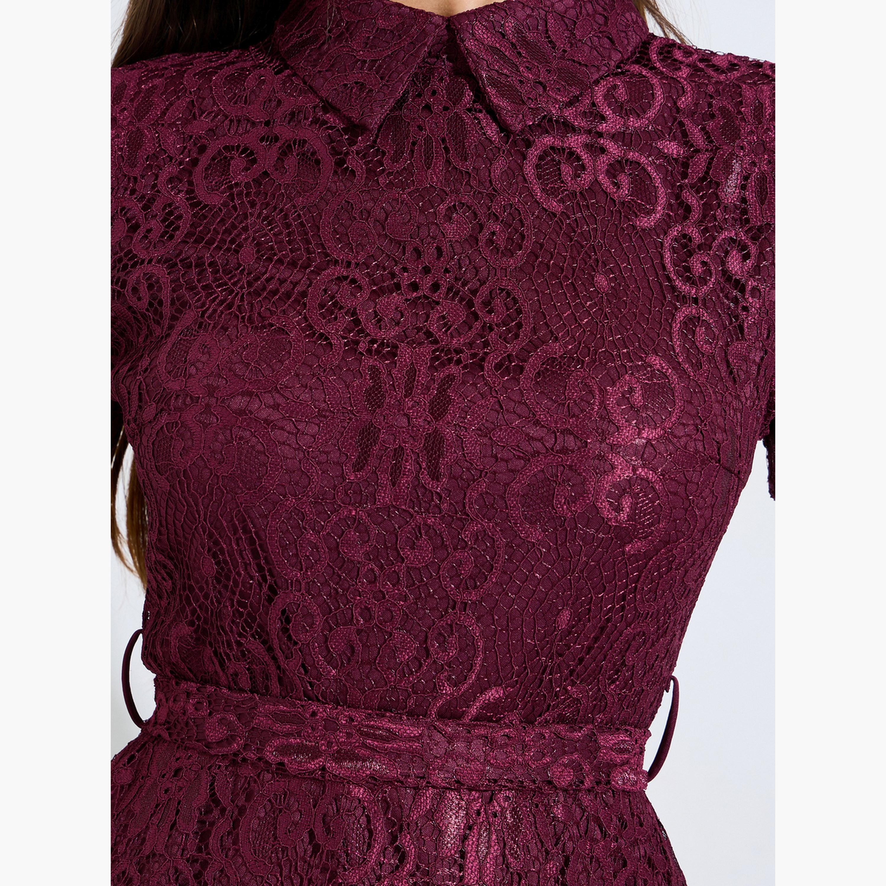 ستايلي - فستان ميدي تصميم A من الدانتيل العنابي مع حزام ربط-women-clothing-dresses-image-5