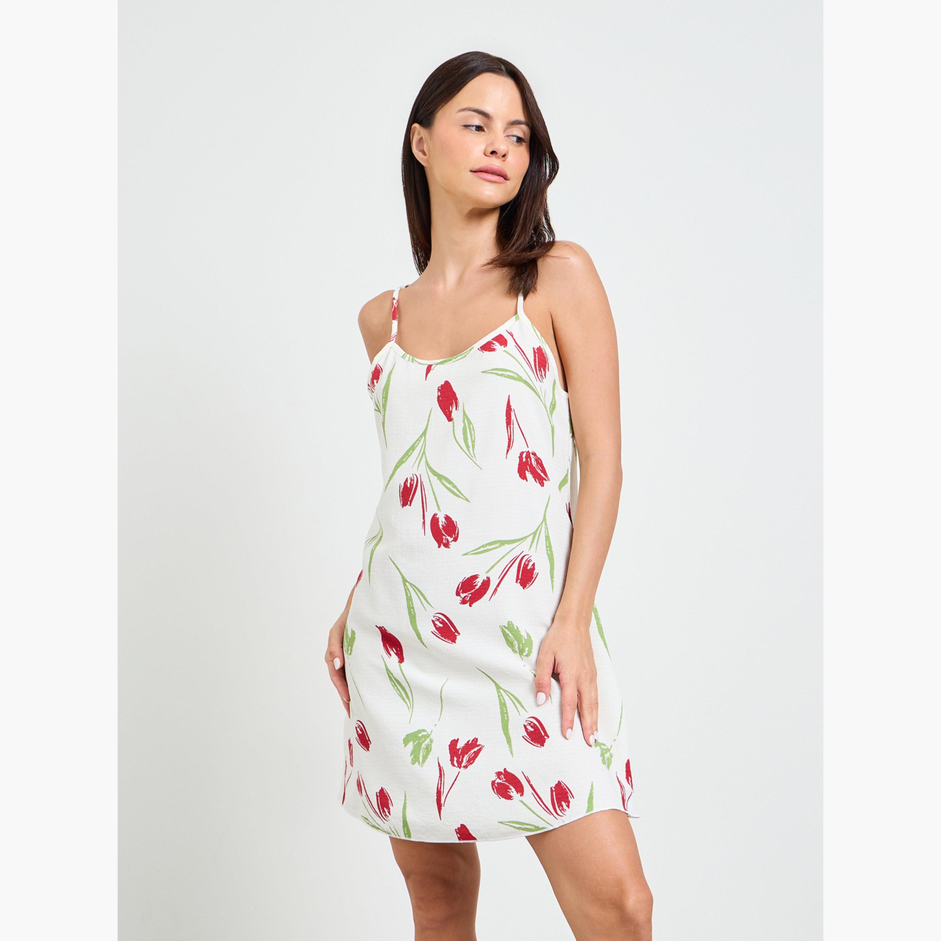 قميص نوم بأشرطة وطبعة زهور التوليب-women-clothing-nightwear-nighties-image-1