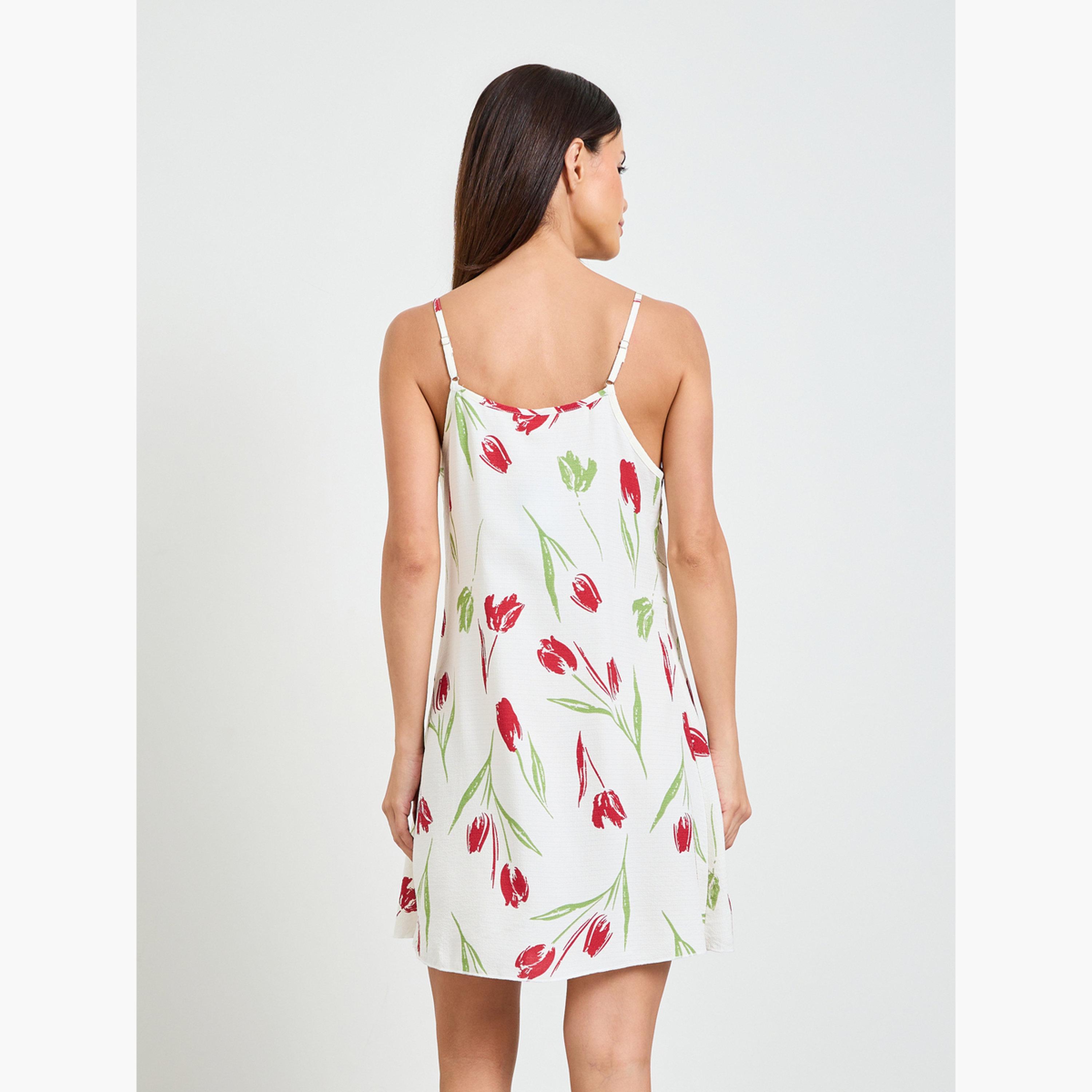 Take Two White Strappy Tulip Print Nightdress-women-clothing-nightwear-nighties-image-3