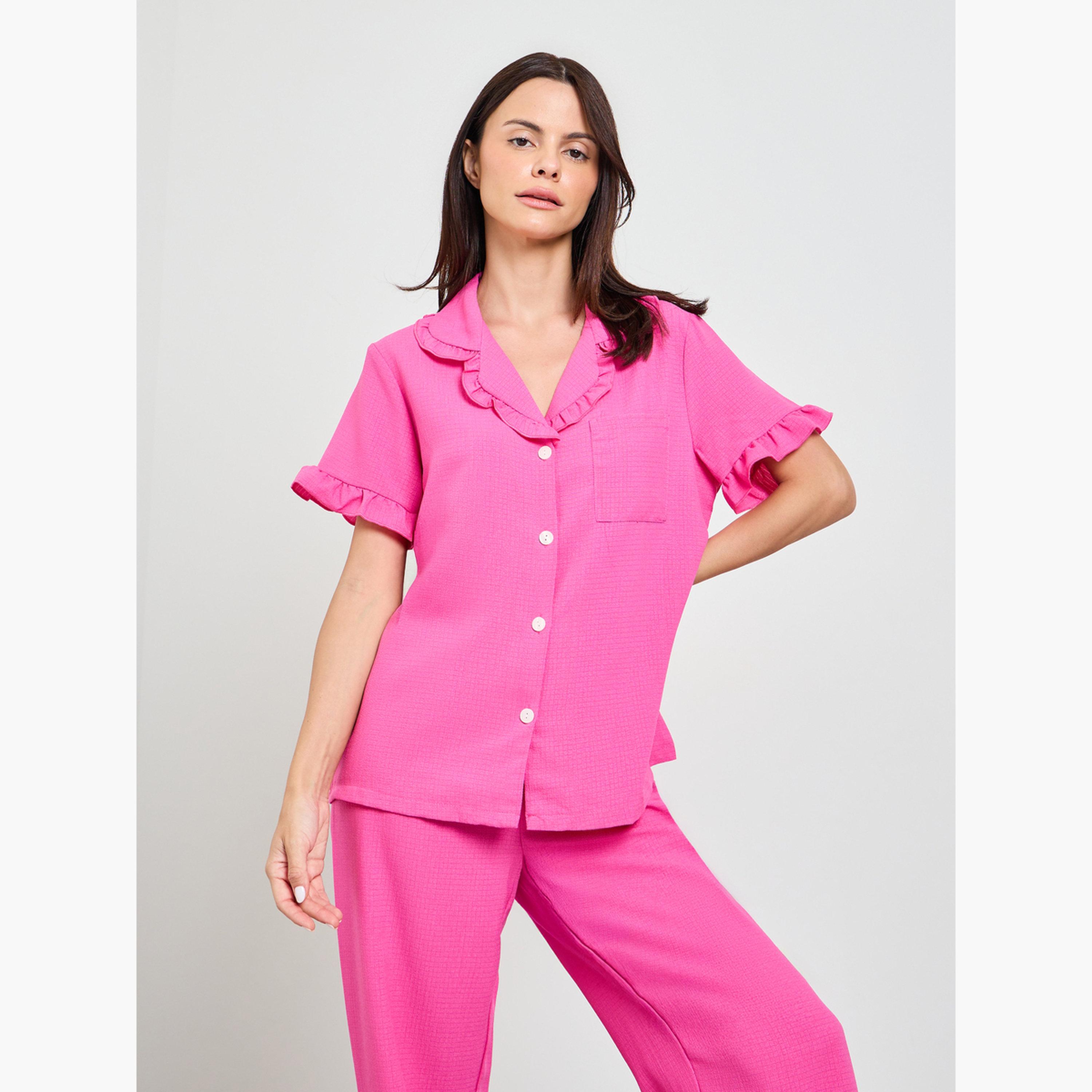 طقم بيجاما من بنطال وقميص بتفاصيل بارزة الملمس-women-clothing-nightwear-pyjamas-longsets-image-2