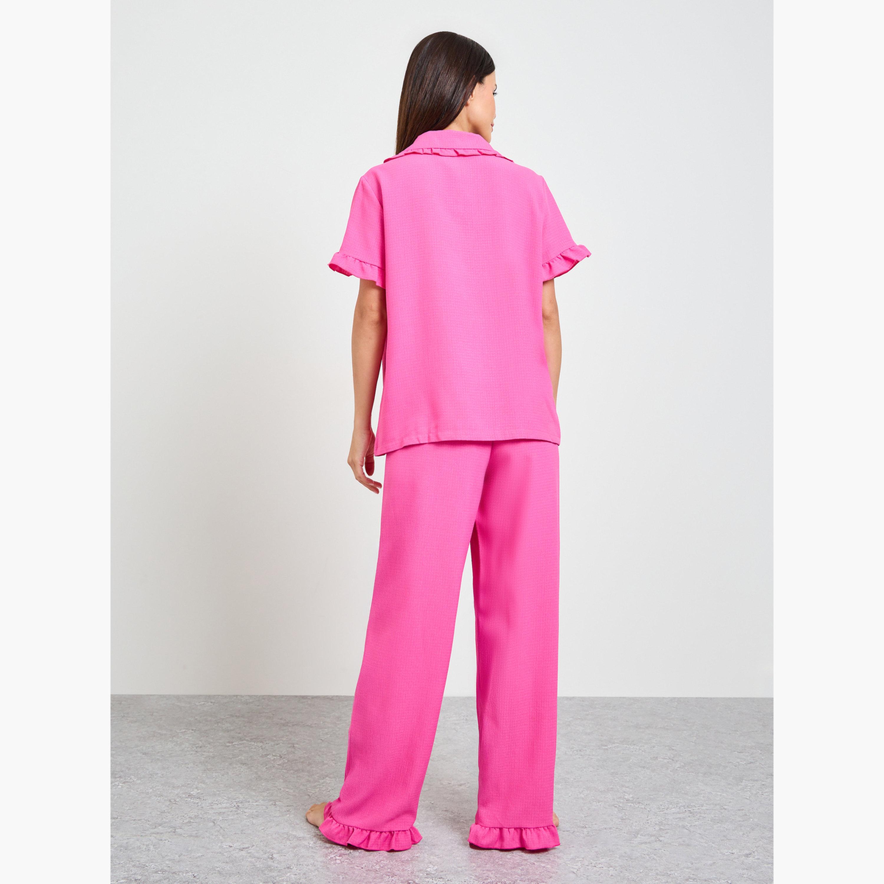 طقم بيجاما من بنطال وقميص بتفاصيل بارزة الملمس-women-clothing-nightwear-pyjamas-longsets-image-3