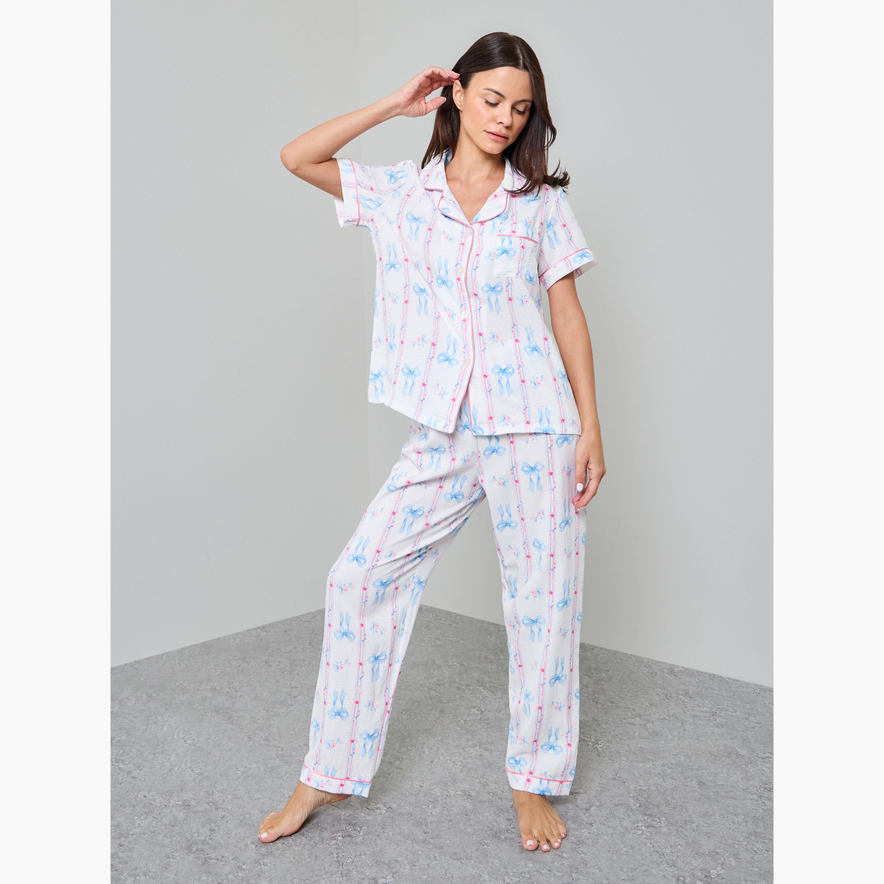 طقم بيجاما من بنطال وقميص بطبعة عقدة-women-clothing-nightwear-pyjamas-longsets-image-1