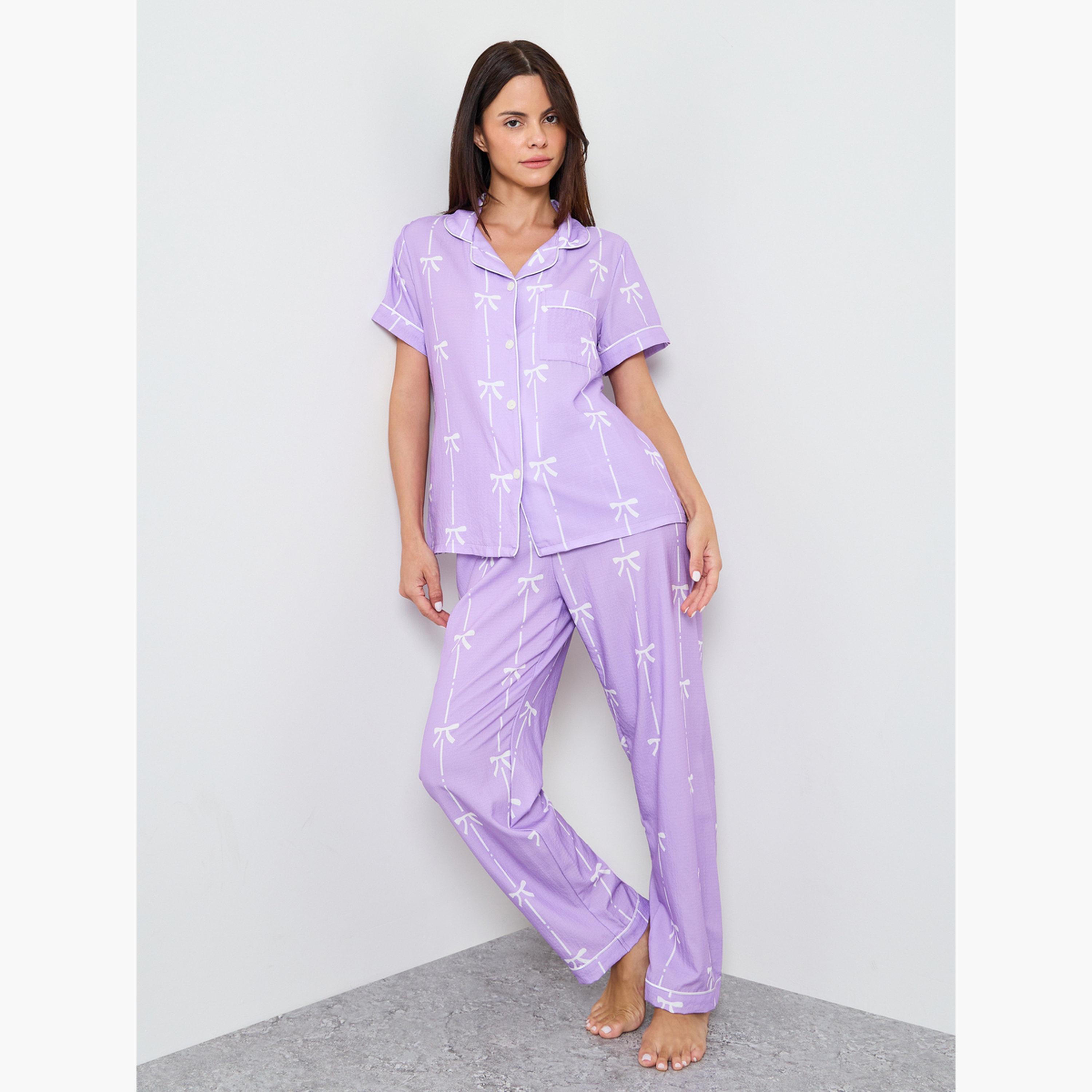 طقم بيجاما من بنطال وقميص بطبعة عقدة-women-clothing-nightwear-pyjamas-longsets-image-1