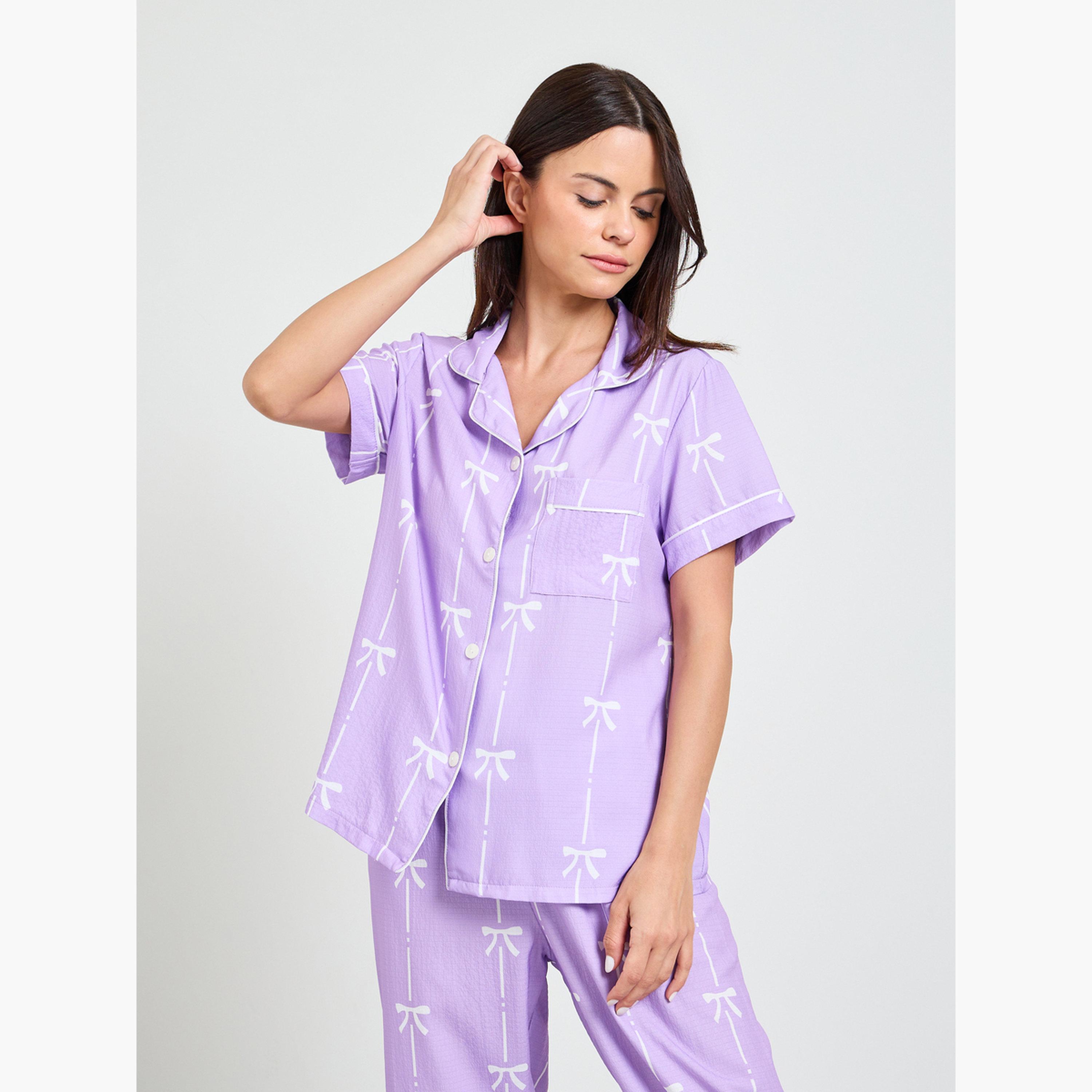 Take Two Purple Bow Print Shirt and Pyjama Set-women-clothing-nightwear-pyjamas-longsets-image-2