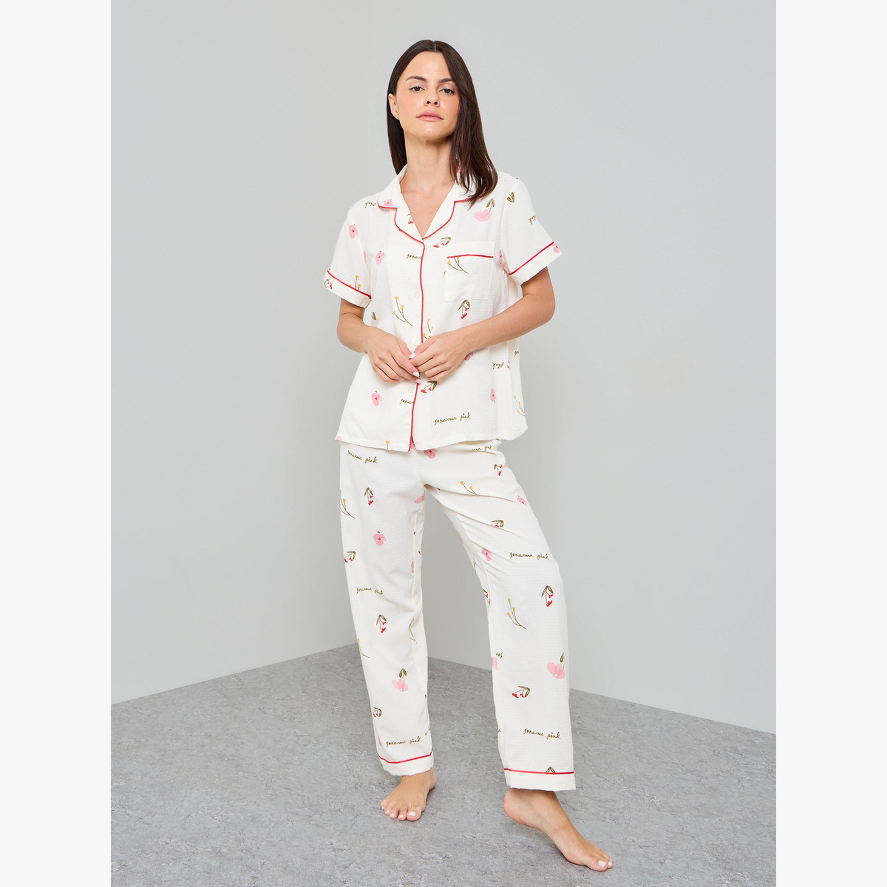 طقم بيجاما من بنطال وقميص بنقشة الزهور-women-clothing-nightwear-pyjamas-longsets-image-1