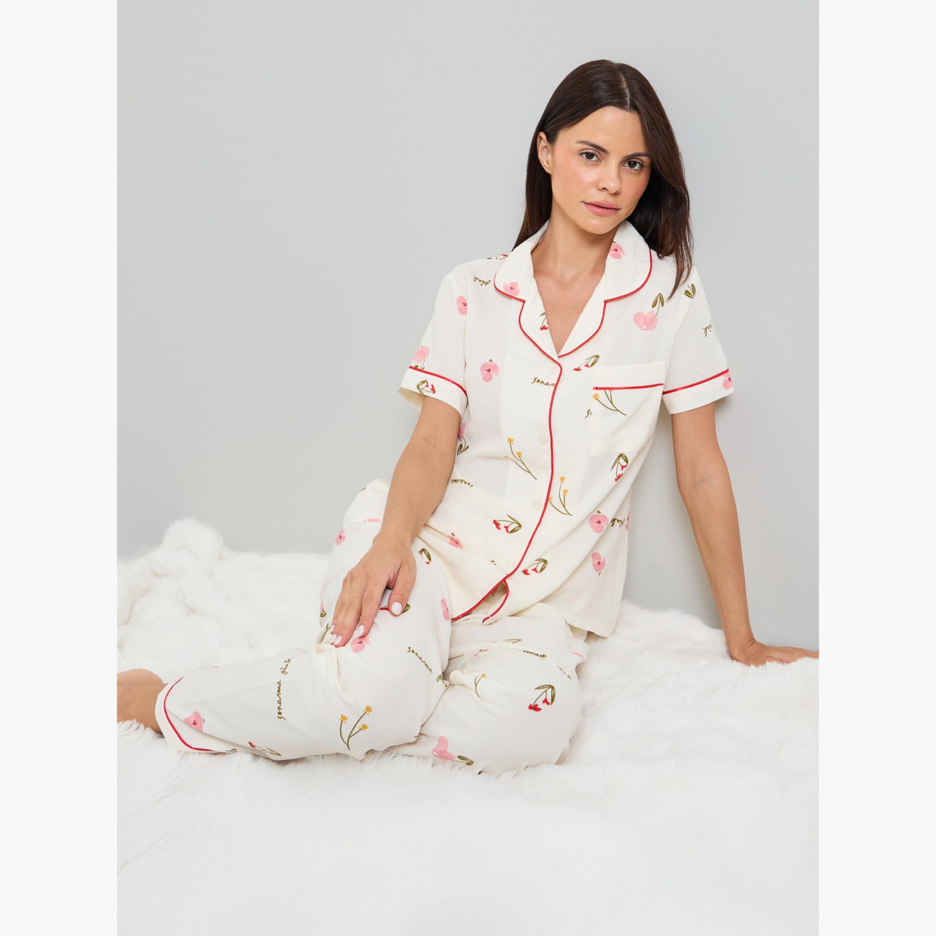 Take Two Off White Floral Print Shirt and Pyjama Set-women-clothing-nightwear-pyjamas-longsets-image-2