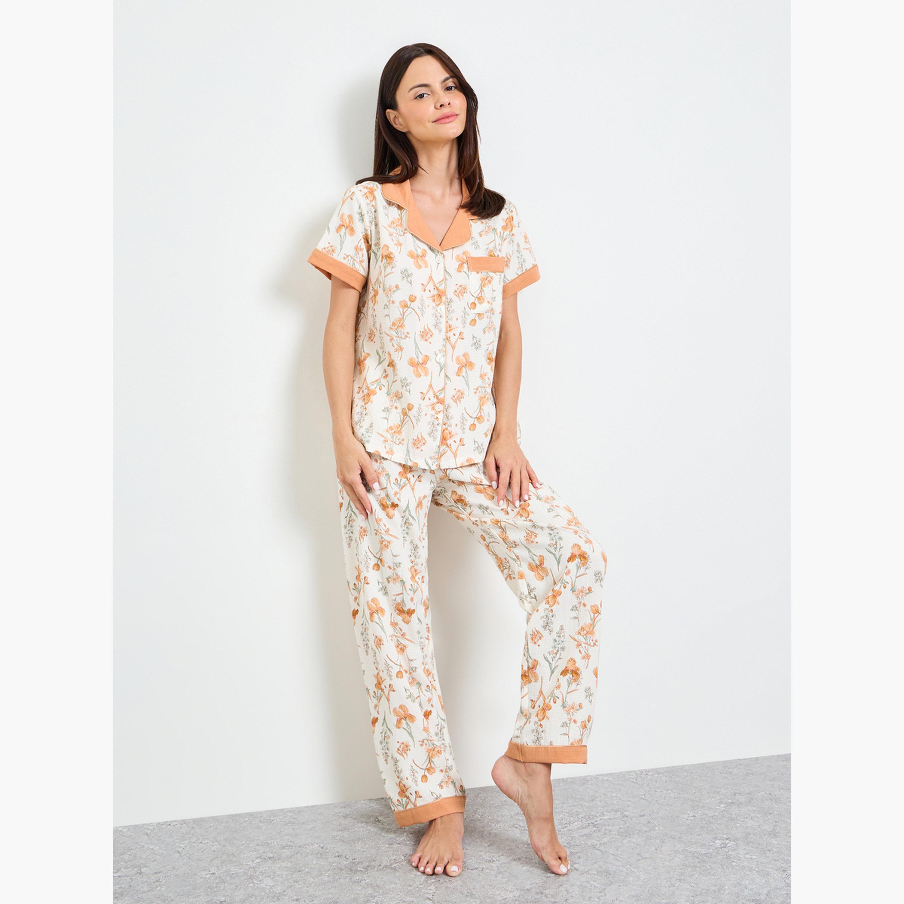 Take Two Off White Floral Print Shirt and Pyjama Set-women-clothing-nightwear-pyjamas-longsets-image-1