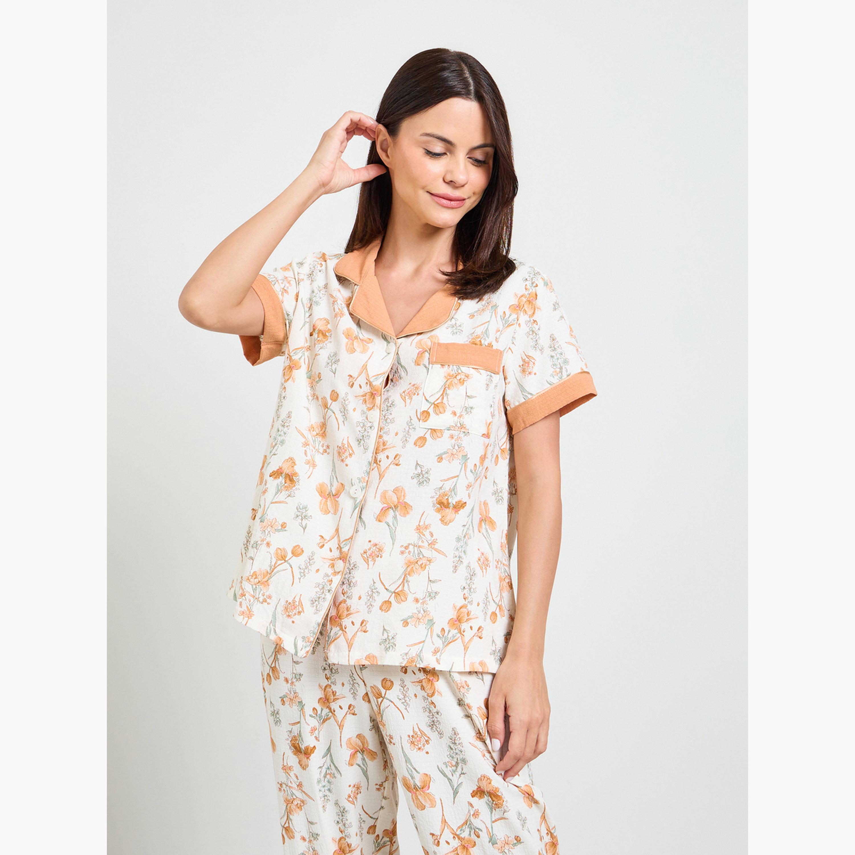 طقم بيجاما من بنطال وقميص بنقشة الزهور-women-clothing-nightwear-pyjamas-longsets-image-2