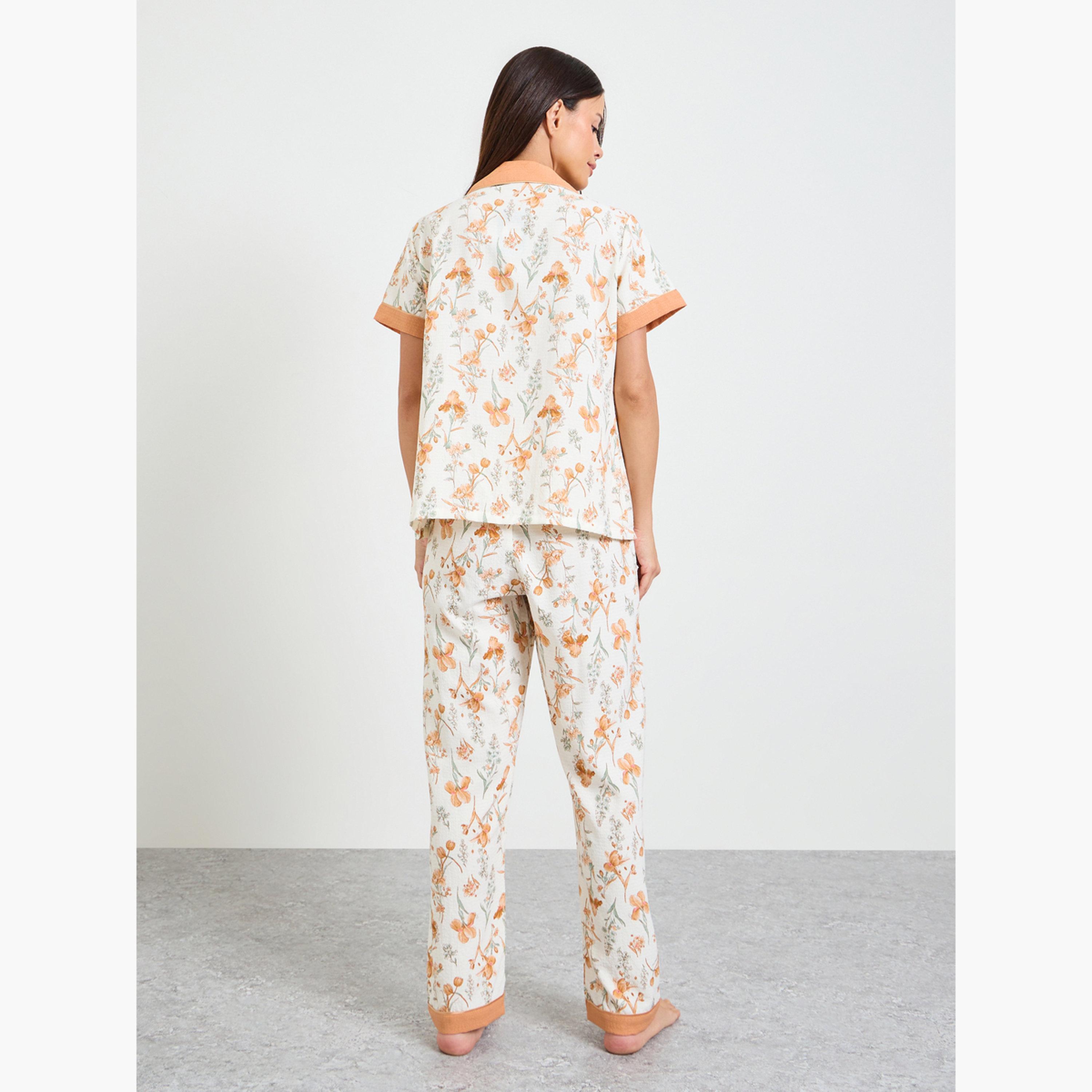 Take Two Off White Floral Print Shirt and Pyjama Set-women-clothing-nightwear-pyjamas-longsets-image-3