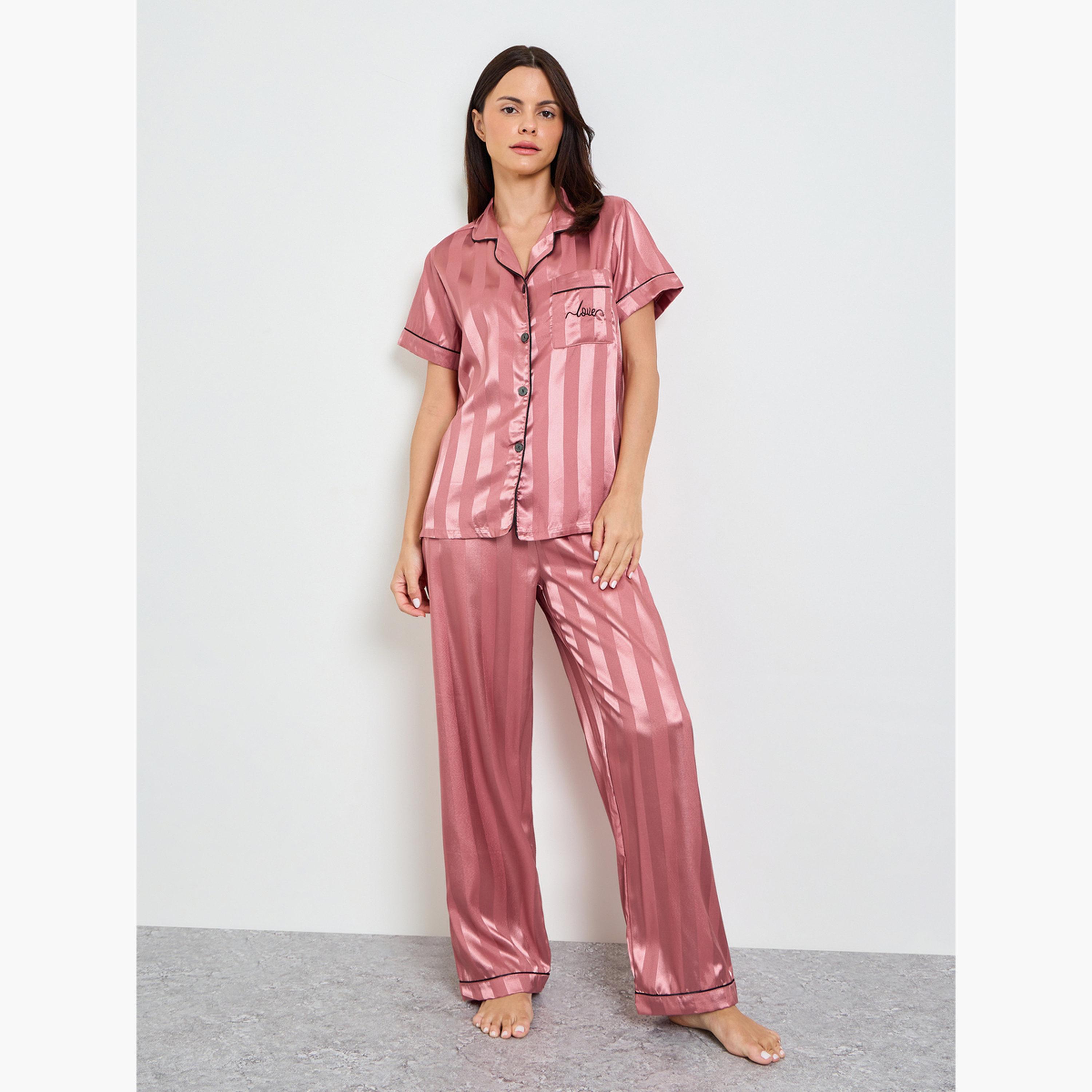 طقم بيجاما من بنطال وقميص بنمط خطوط-women-clothing-nightwear-pyjamas-longsets-image-1