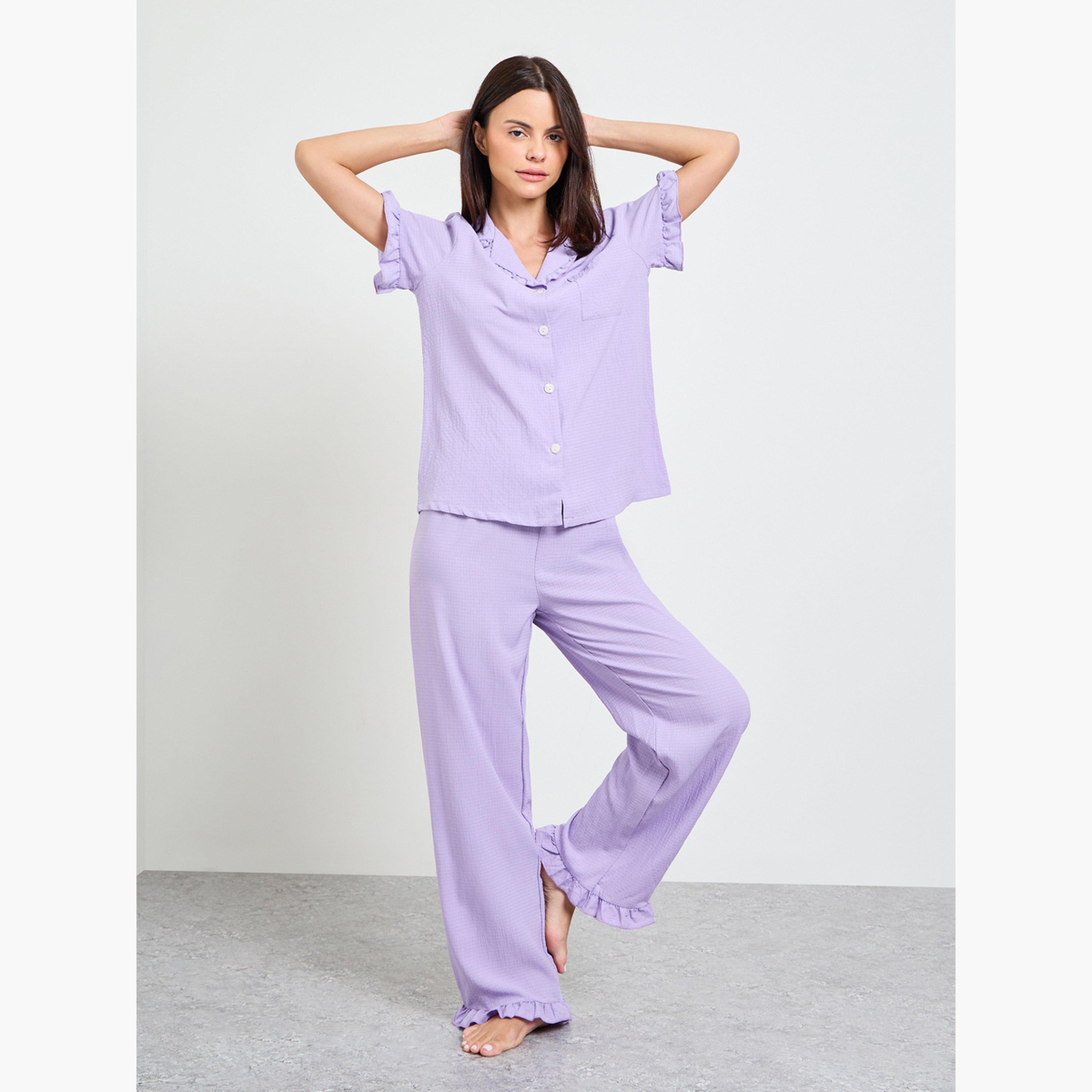 Take Two Purple Textured Shirt and Pyjama Set-women-clothing-nightwear-pyjamas-longsets-image-1