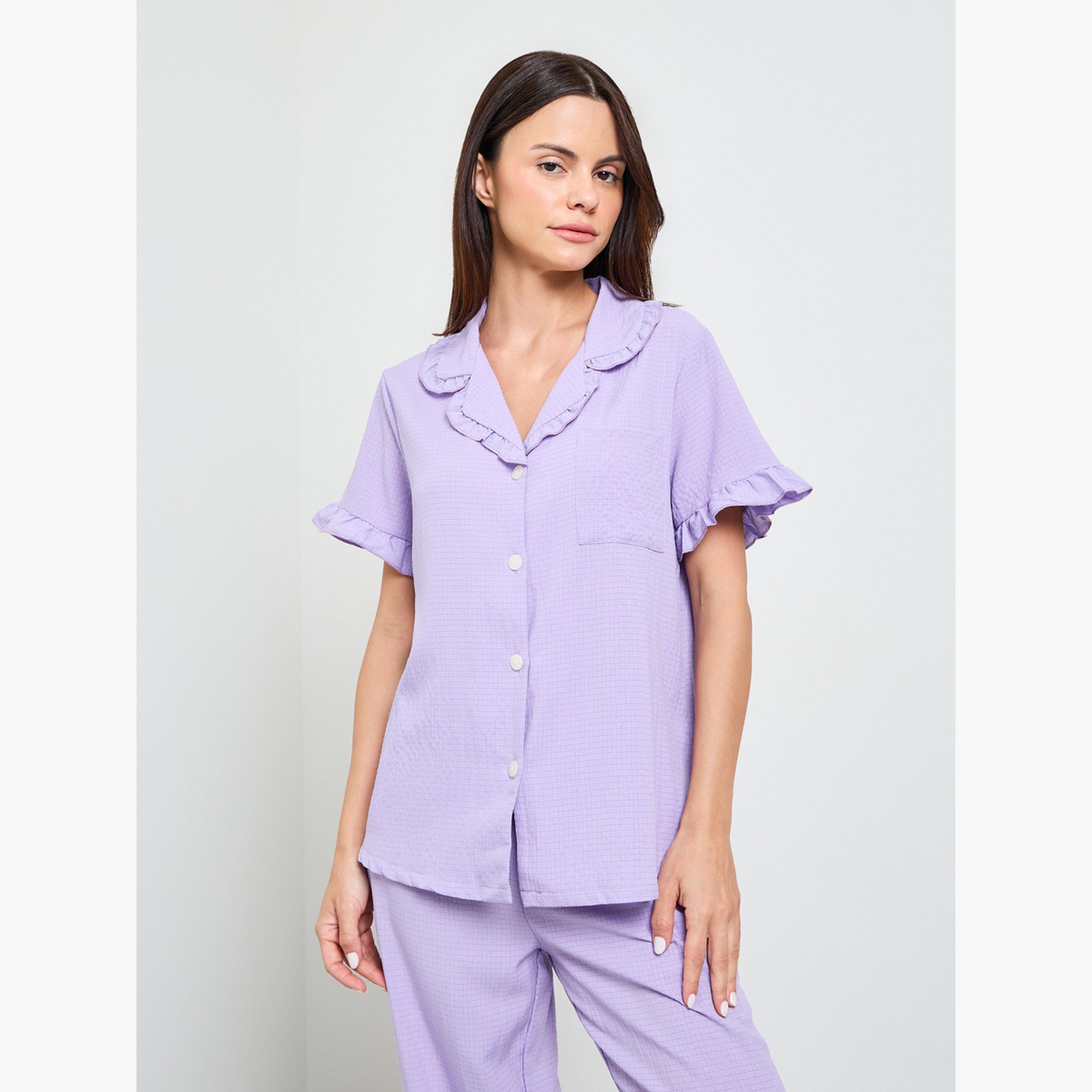 طقم بيجاما من بنطال وقميص بتفاصيل بارزة الملمس-women-clothing-nightwear-pyjamas-longsets-image-2