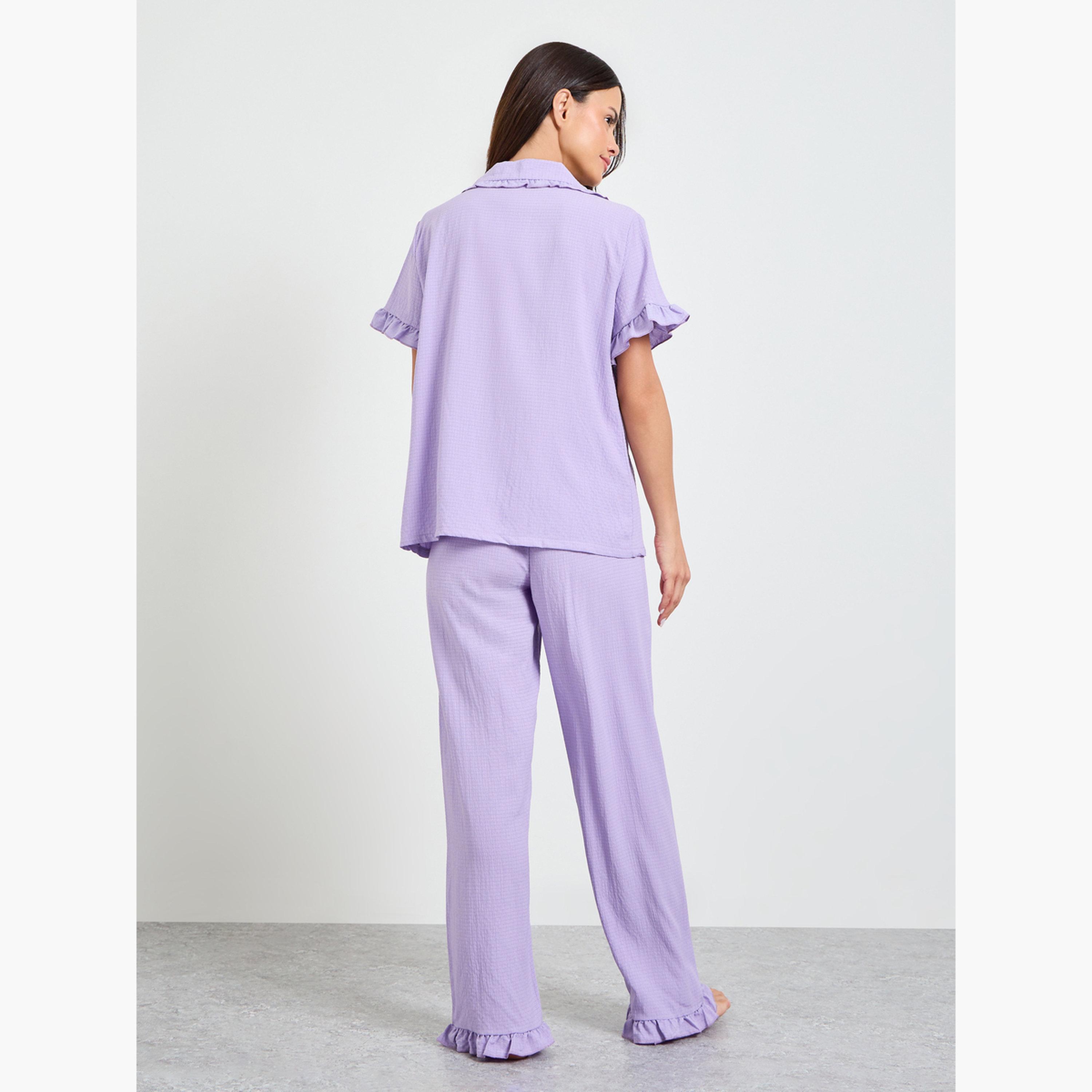 طقم بيجاما من بنطال وقميص بتفاصيل بارزة الملمس-women-clothing-nightwear-pyjamas-longsets-image-3