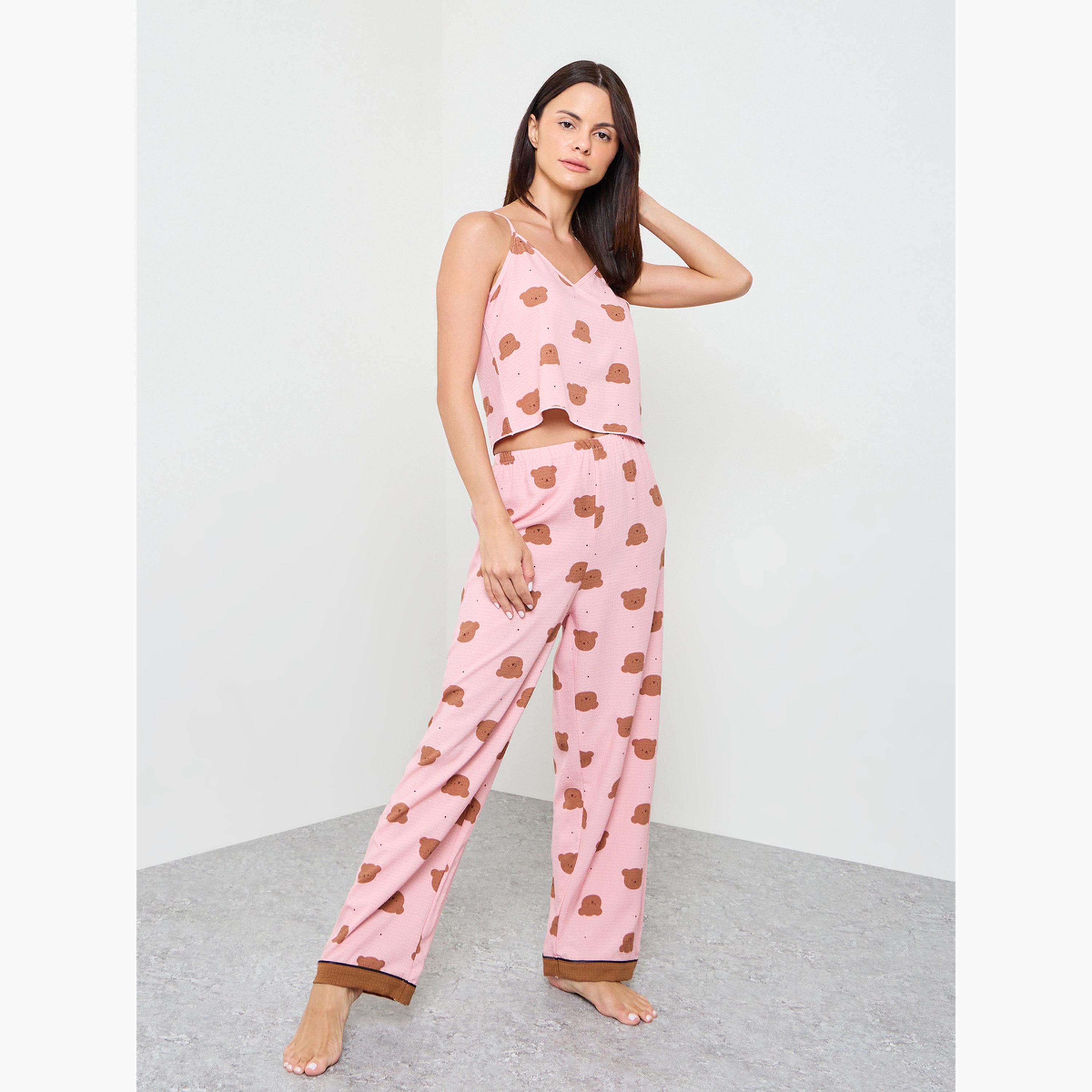 Take Two Pink Teddy Print Cami and Pyjama Set-women-clothing-nightwear-pyjamas-longsets-image-1