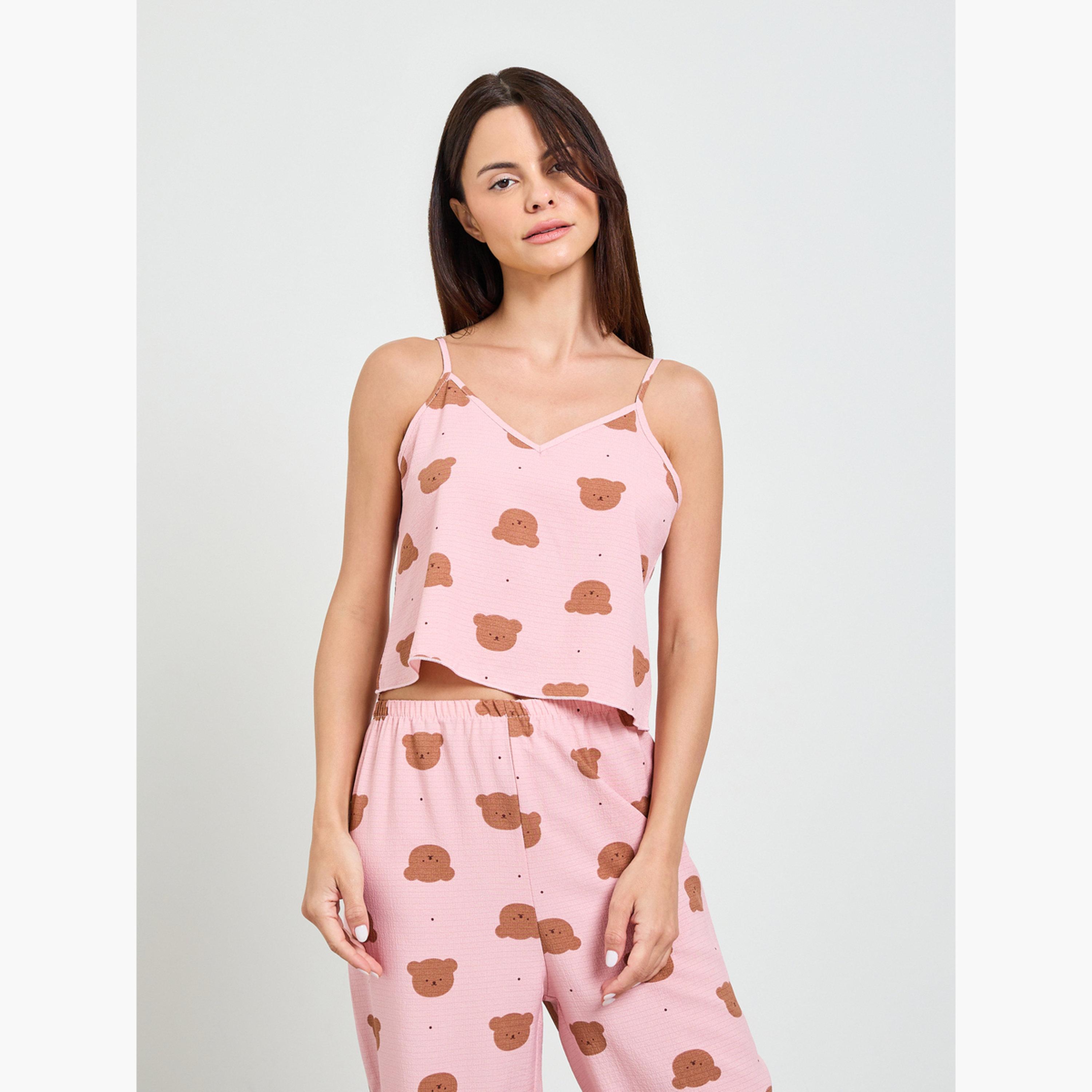 Take Two Pink Teddy Print Cami and Pyjama Set-women-clothing-nightwear-pyjamas-longsets-image-2