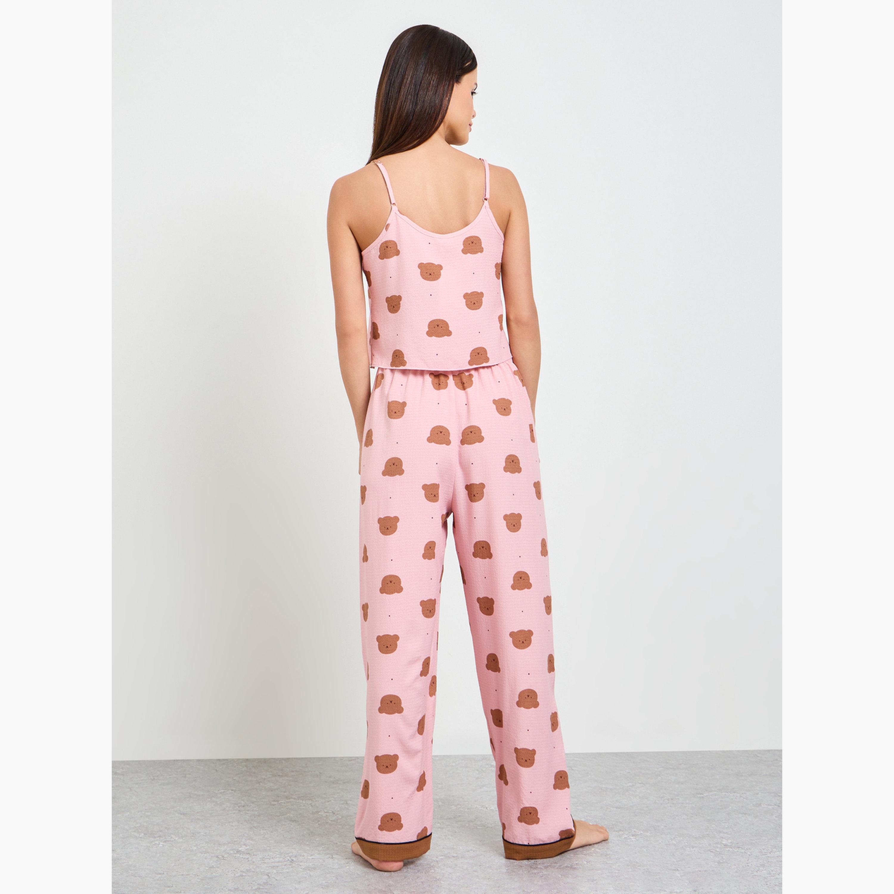 طقم بيجاما من بنطال وكامي بطبعة دب تيدي-women-clothing-nightwear-pyjamas-longsets-image-3