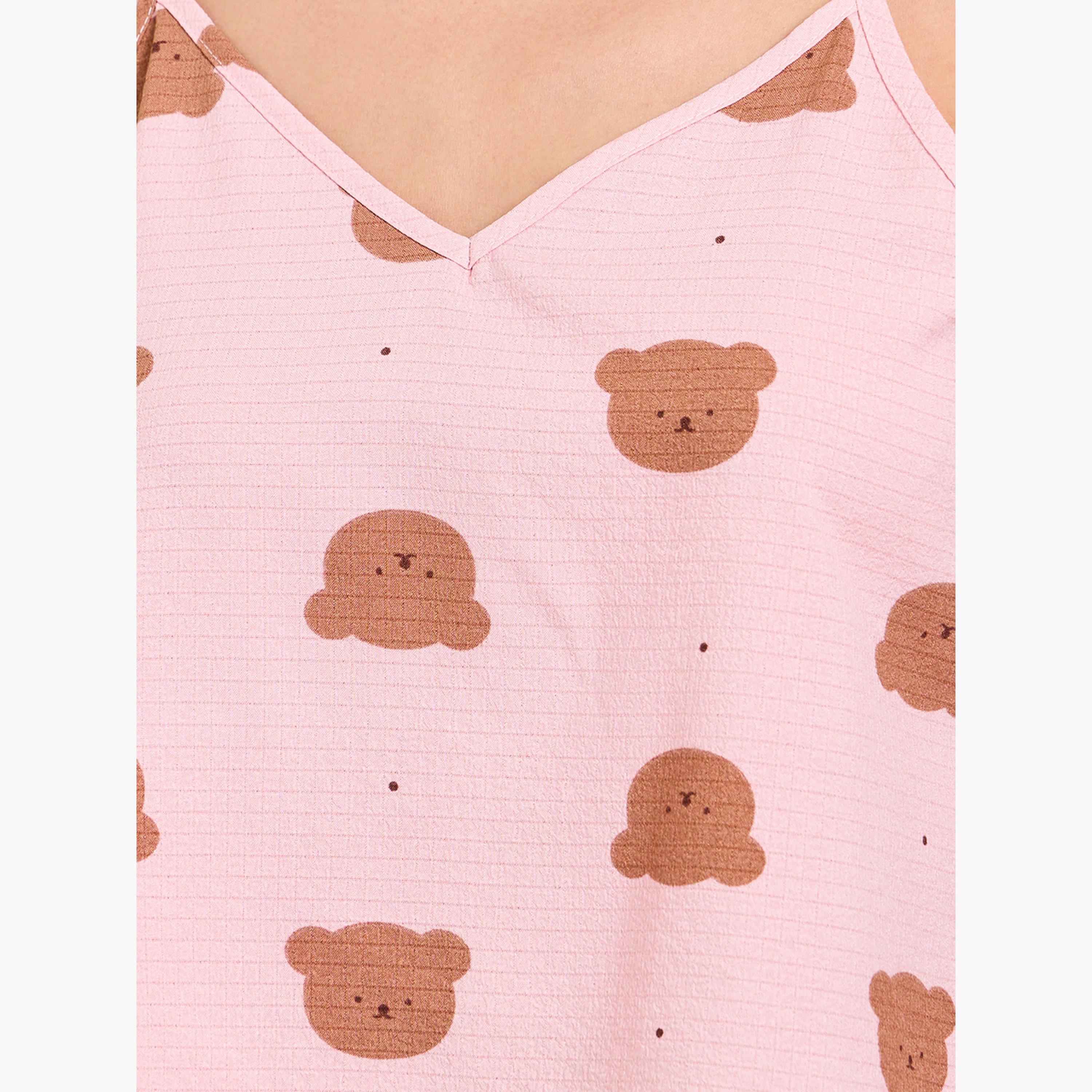 Take Two Pink Teddy Print Cami and Pyjama Set-women-clothing-nightwear-pyjamas-longsets-image-5