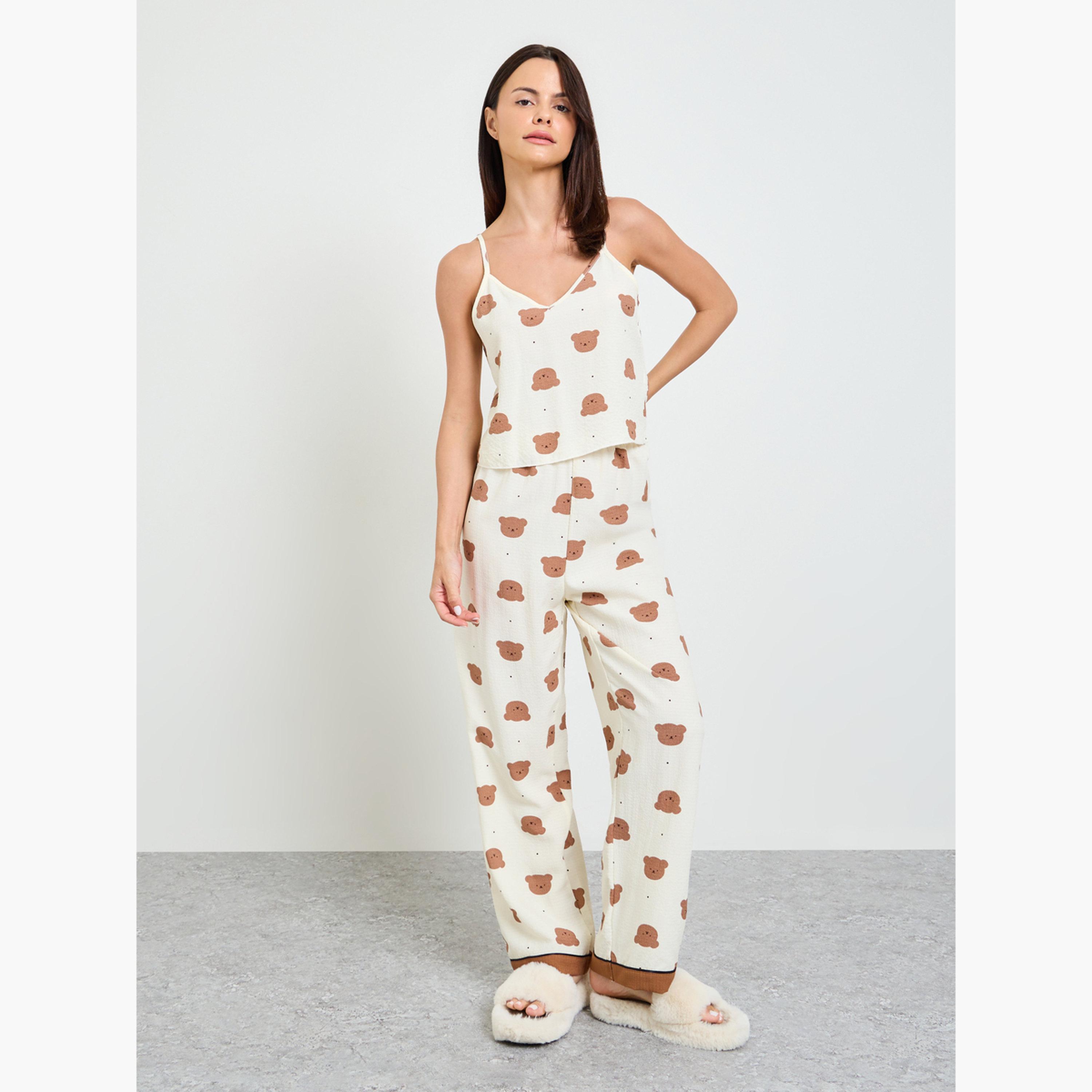 طقم بيجاما من بنطال وكامي بطبعة دب تيدي-women-clothing-nightwear-pyjamas-longsets-image-1