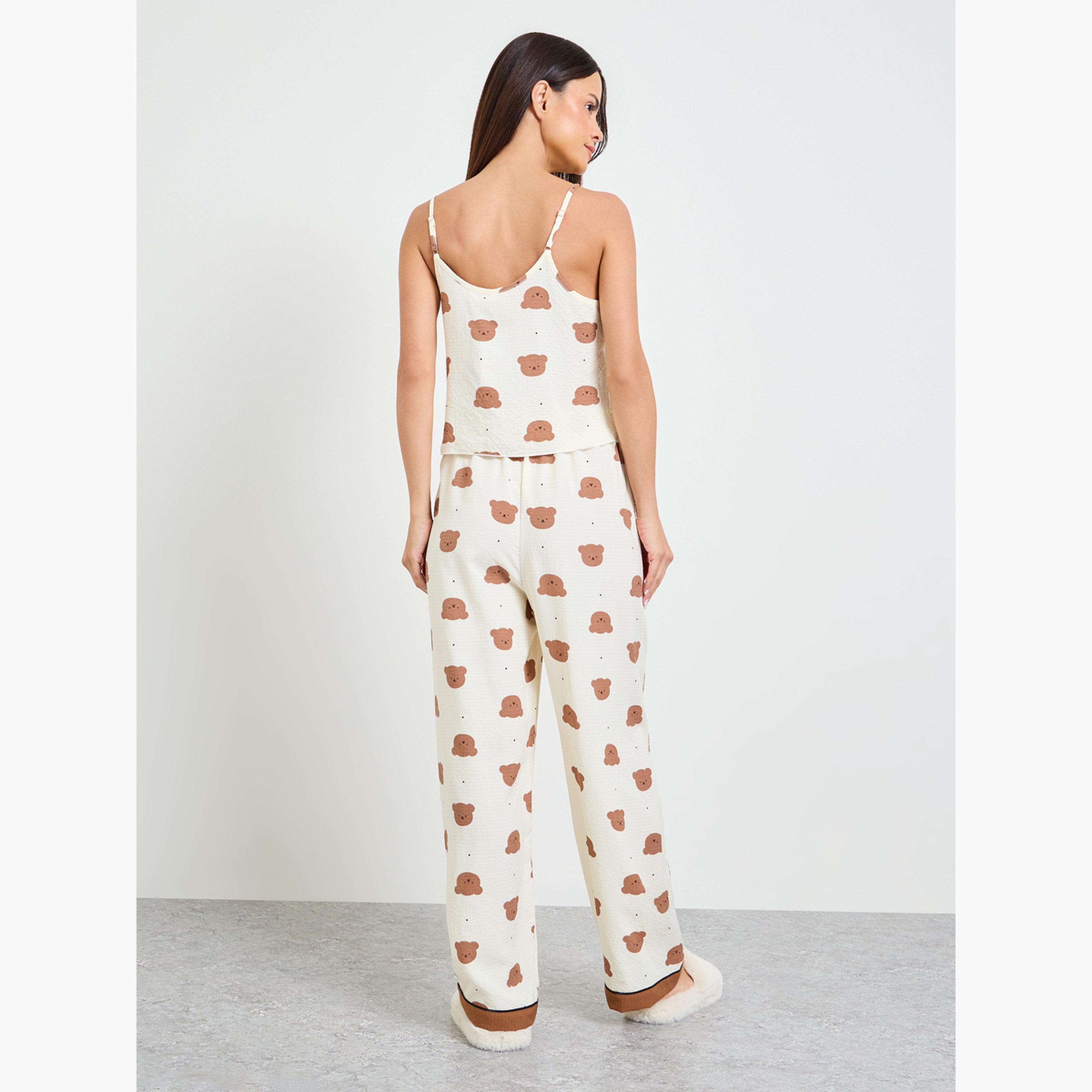 Take Two Cream Teddy Print Cami and Pyjama Set-women-clothing-nightwear-pyjamas-longsets-image-3