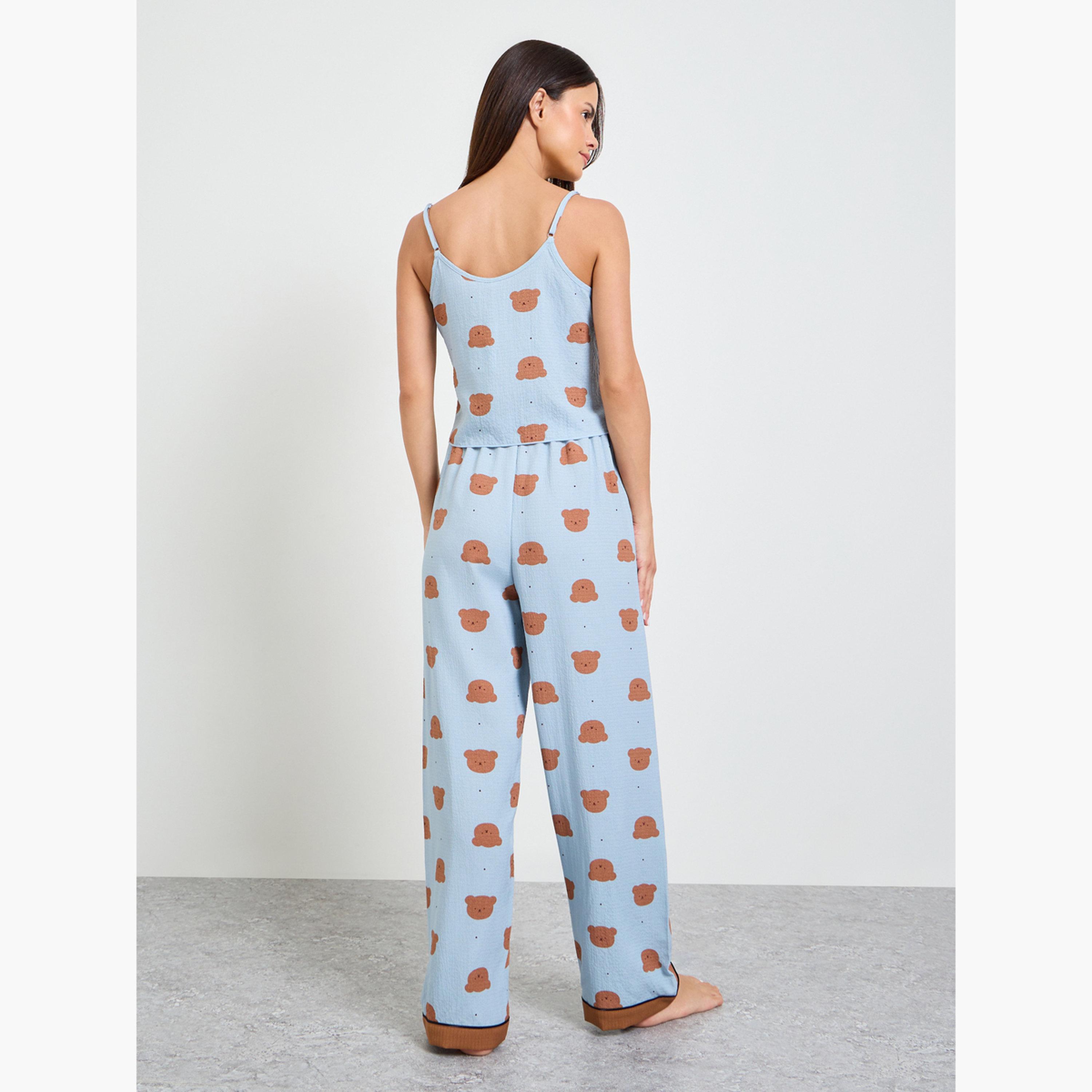 Take Two Blue Teddy Print Cami and Pyjama Set-women-clothing-nightwear-pyjamas-longsets-image-4