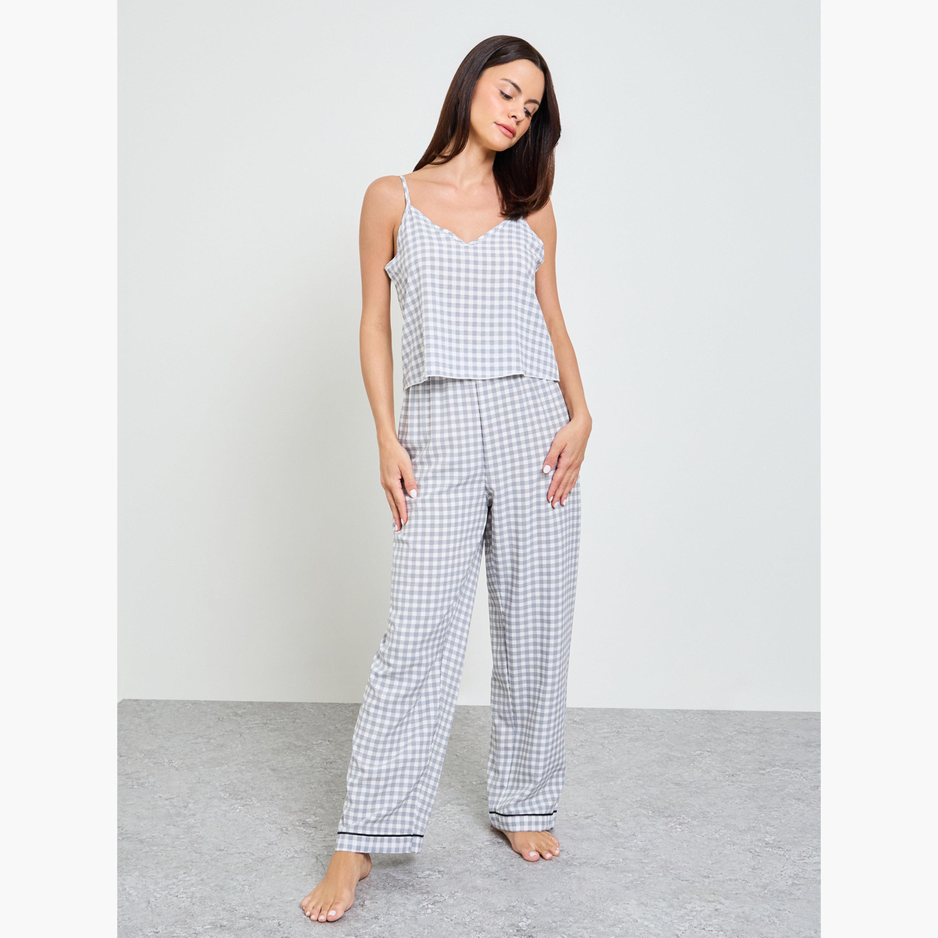 Take Two Grey Gingham Checked Cami and Pyjama Set-women-clothing-nightwear-pyjamas-longsets-image-1
