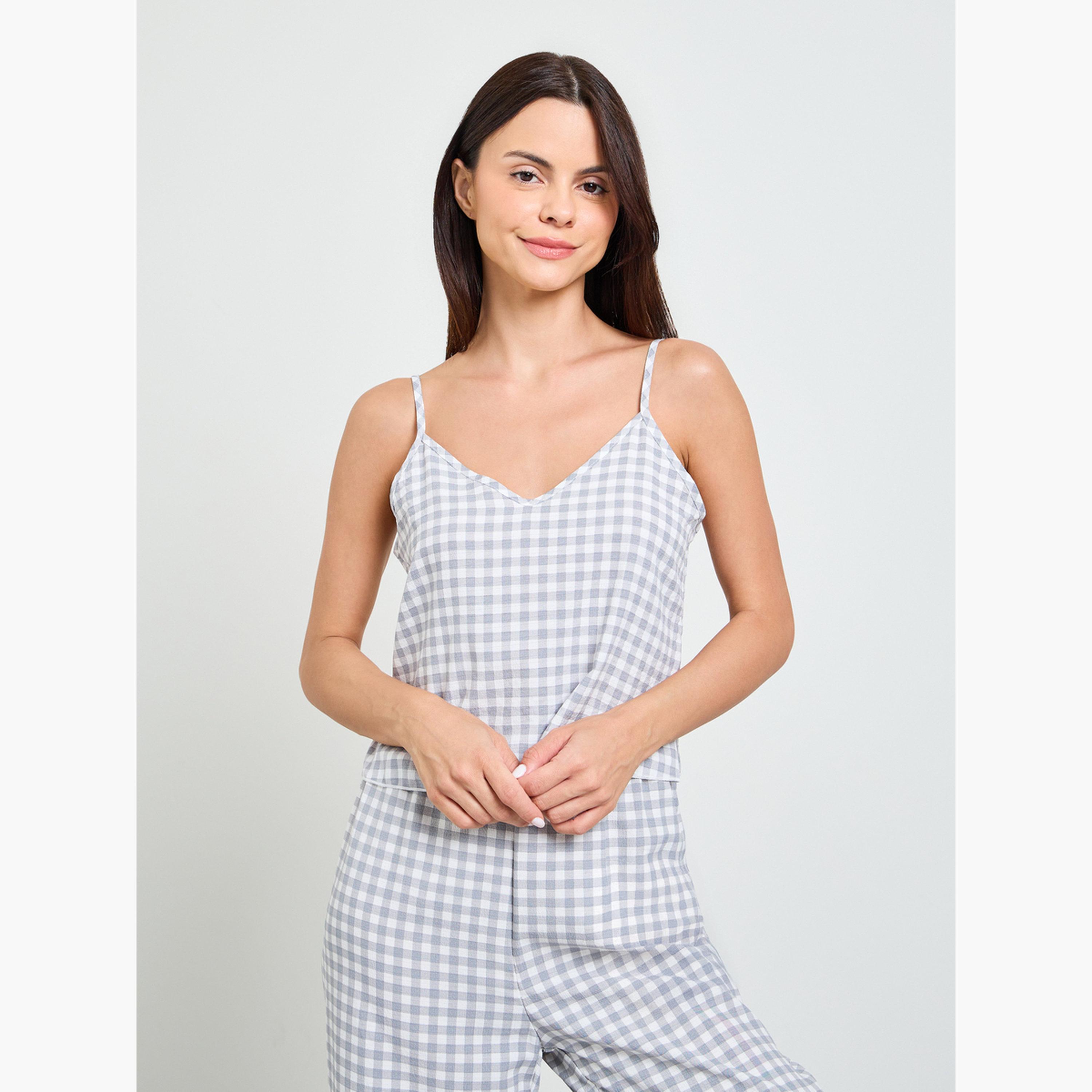 Take Two Grey Gingham Checked Cami and Pyjama Set-women-clothing-nightwear-pyjamas-longsets-image-2