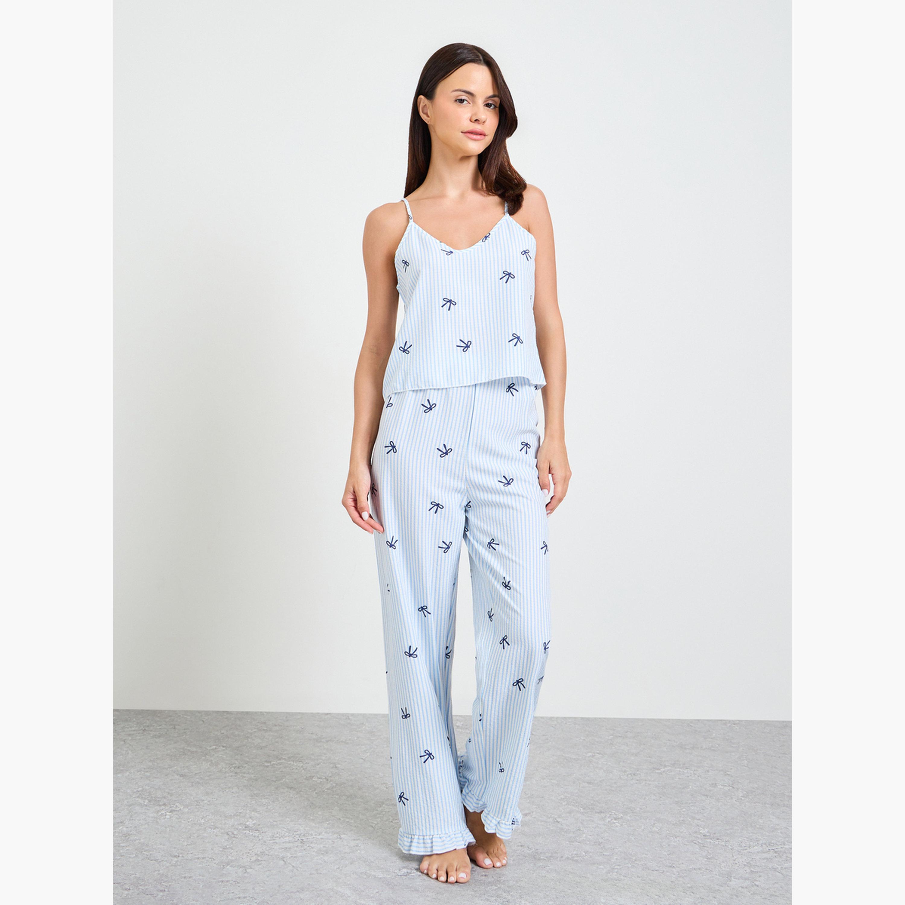 طقم بيجاما من بنطال وكامي بطبعة عقدة ونقشة خطوط-women-clothing-nightwear-pyjamas-longsets-image-1