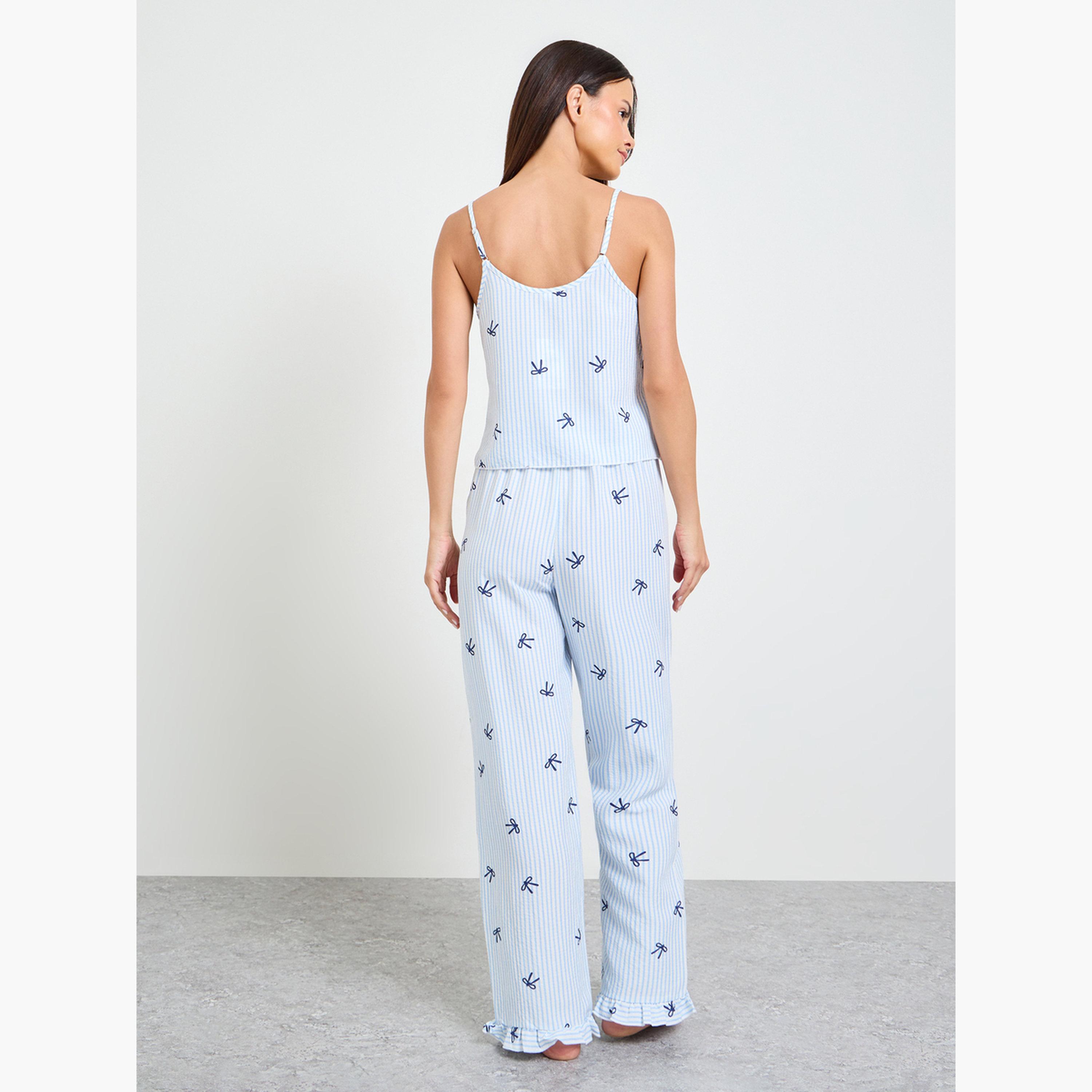 Take Two Blue Striped Bow Print Cami and Pyjama Set-women-clothing-nightwear-pyjamas-longsets-image-4