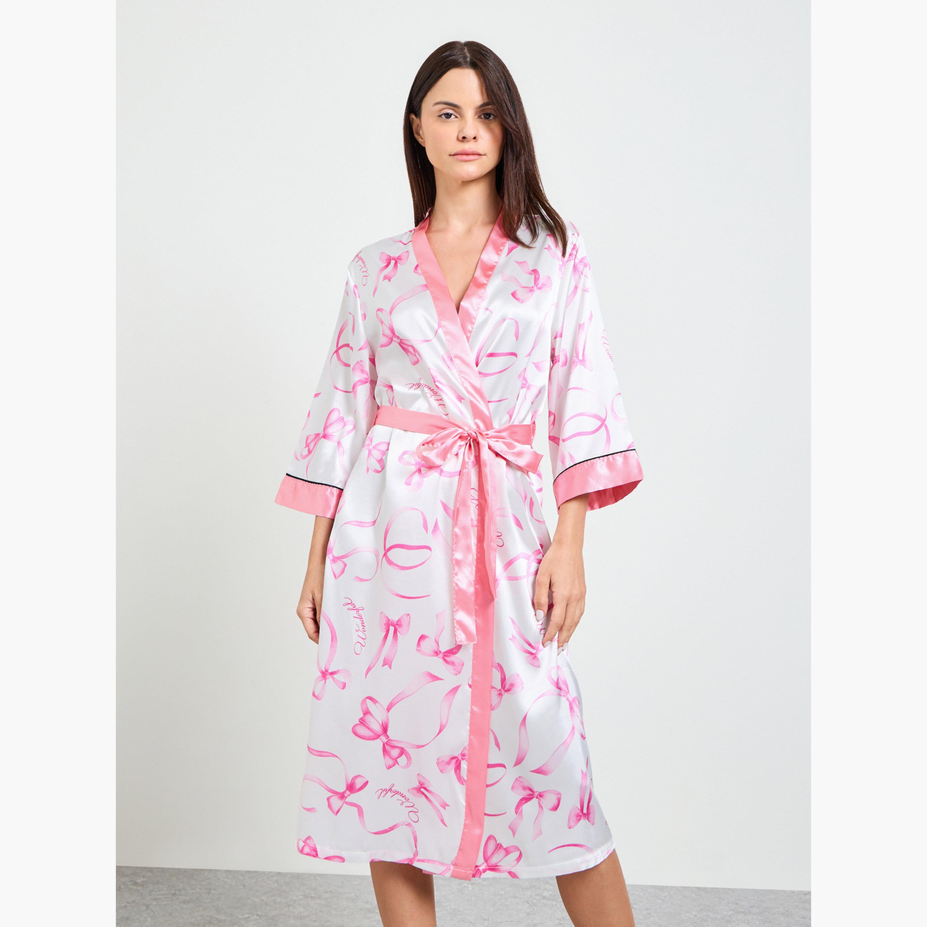 روب بأكمام ثلاثة أرباع وطبعة عقدة-women-clothing-nightwear-robes-image-1