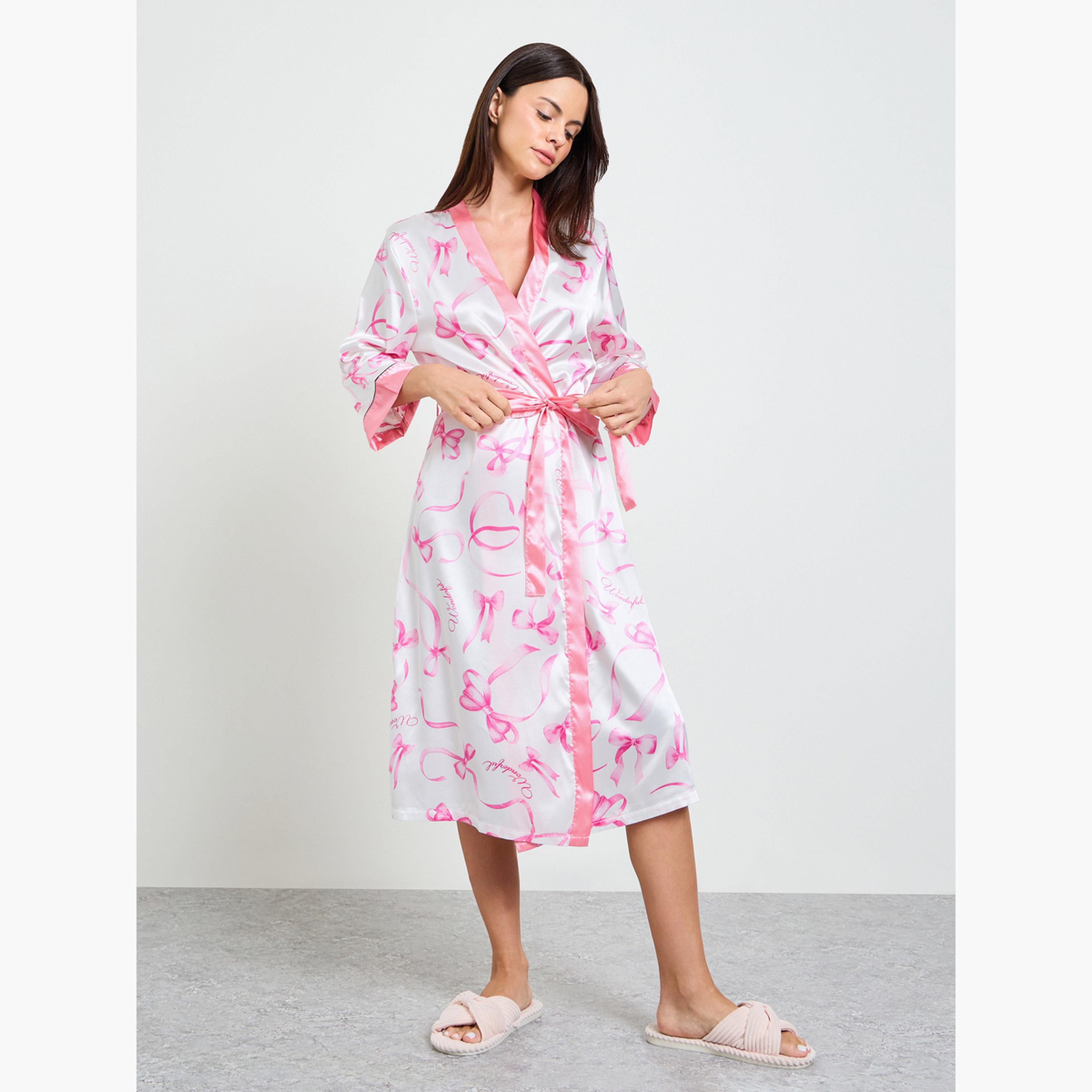 روب بأكمام ثلاثة أرباع وطبعة عقدة-women-clothing-nightwear-robes-image-2