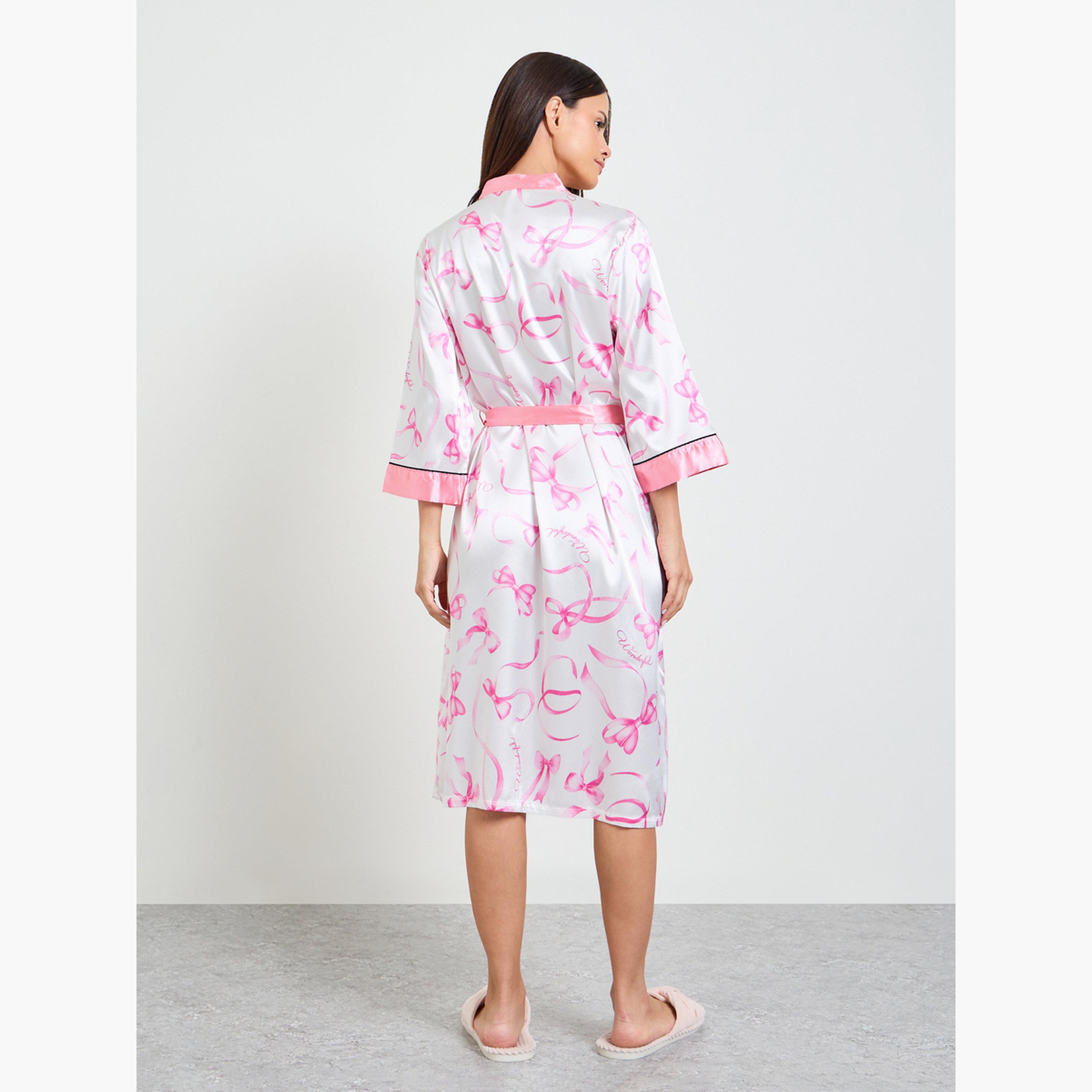 روب بأكمام ثلاثة أرباع وطبعة عقدة-women-clothing-nightwear-robes-image-3