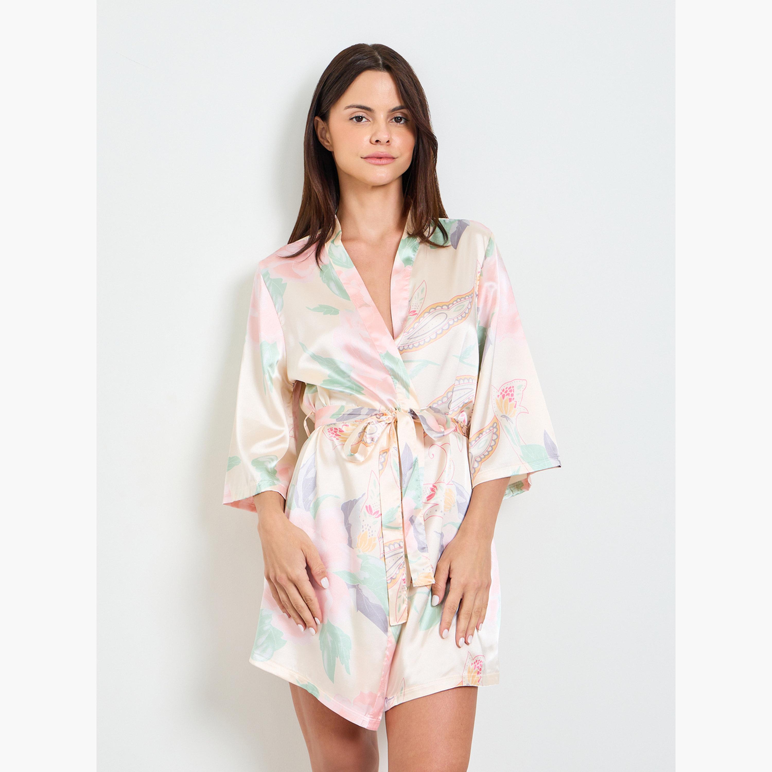 روب بأكمام ثلاثة أرباع ونقشة الزهور-women-clothing-nightwear-robes-image-1