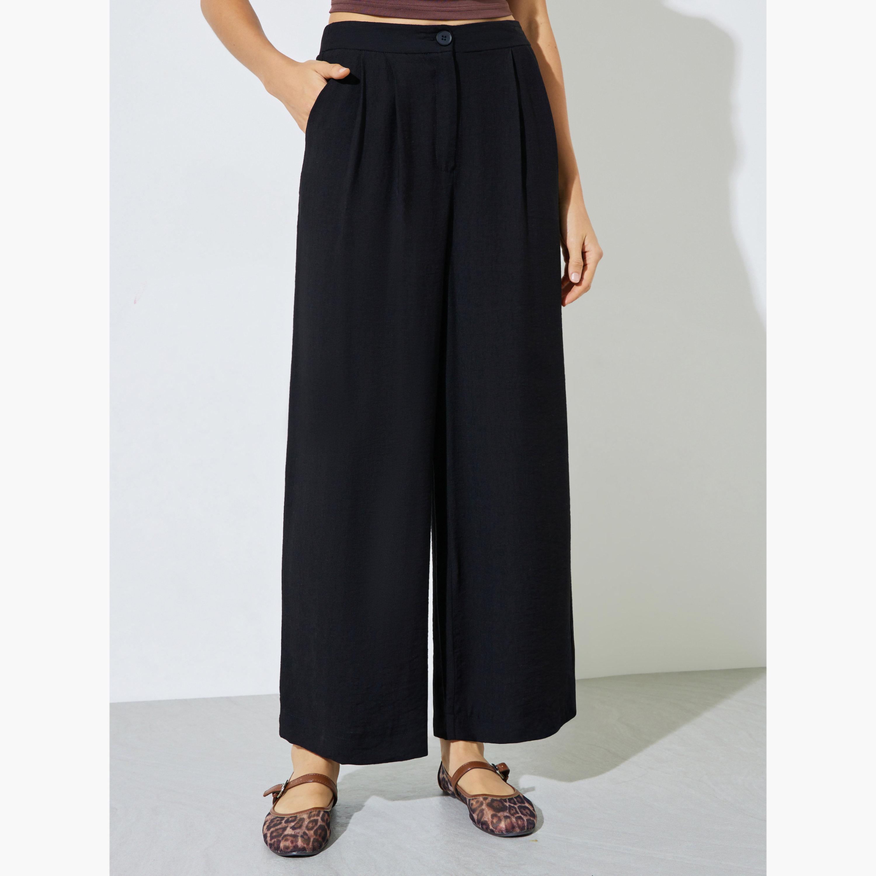 Styli Black Wide Leg Pleated Trousers with Side Pocket-women-clothing-bottoms-joggers-image-1