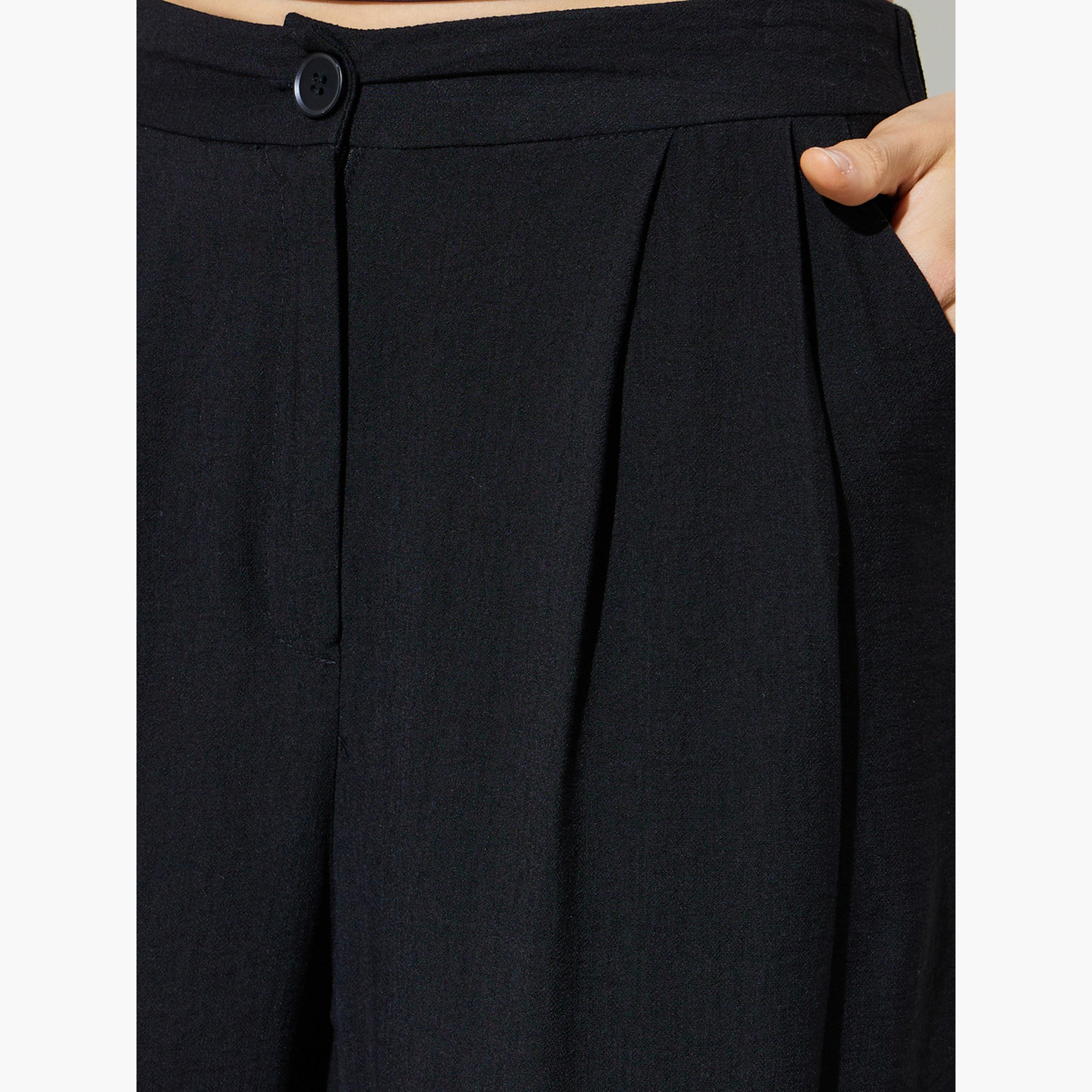 Styli Black Wide Leg Pleated Trousers with Side Pocket-women-clothing-bottoms-joggers-image-3