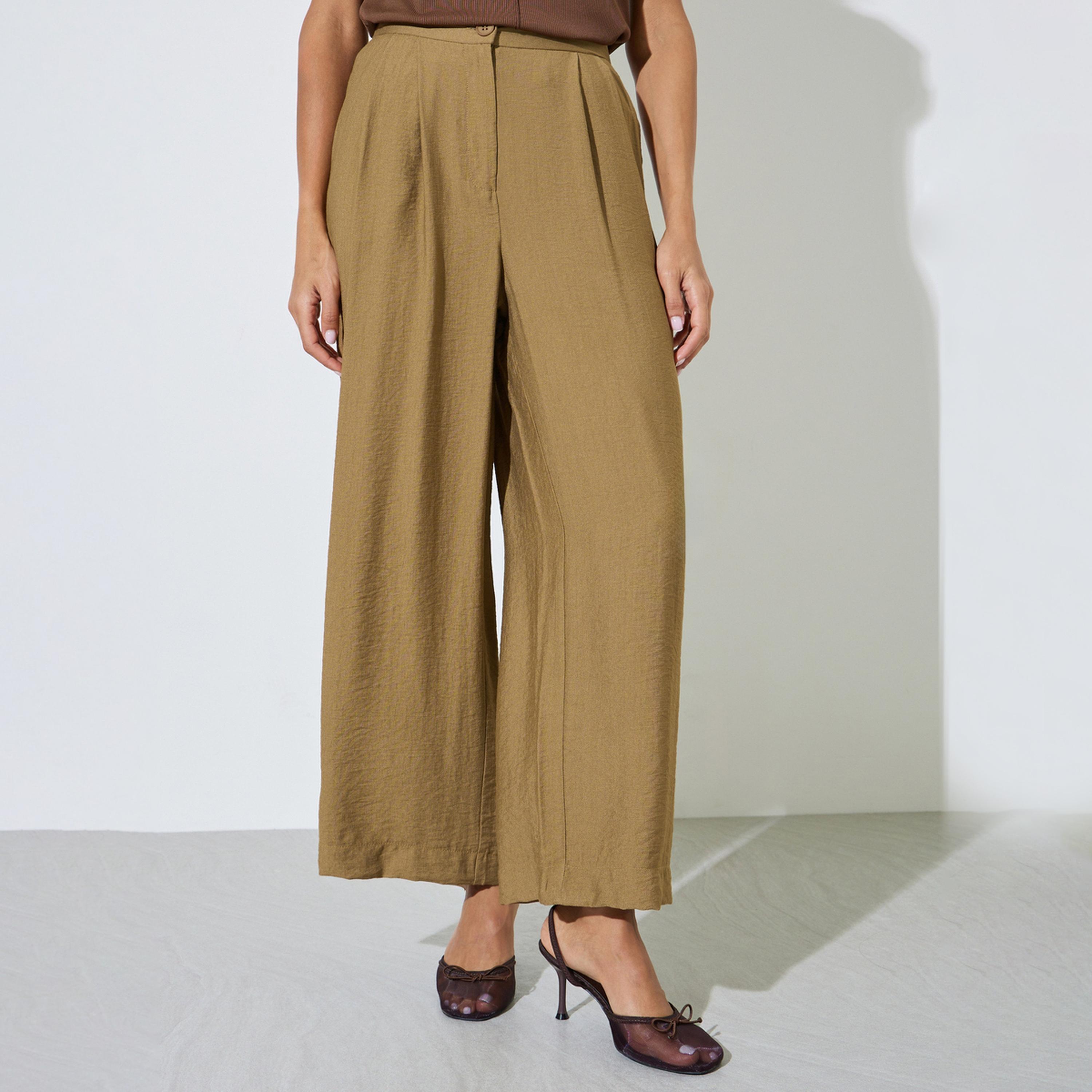 Styli Brown Wide Leg Pleated Trousers with Side Pocket-women-clothing-bottoms-joggers-image-1