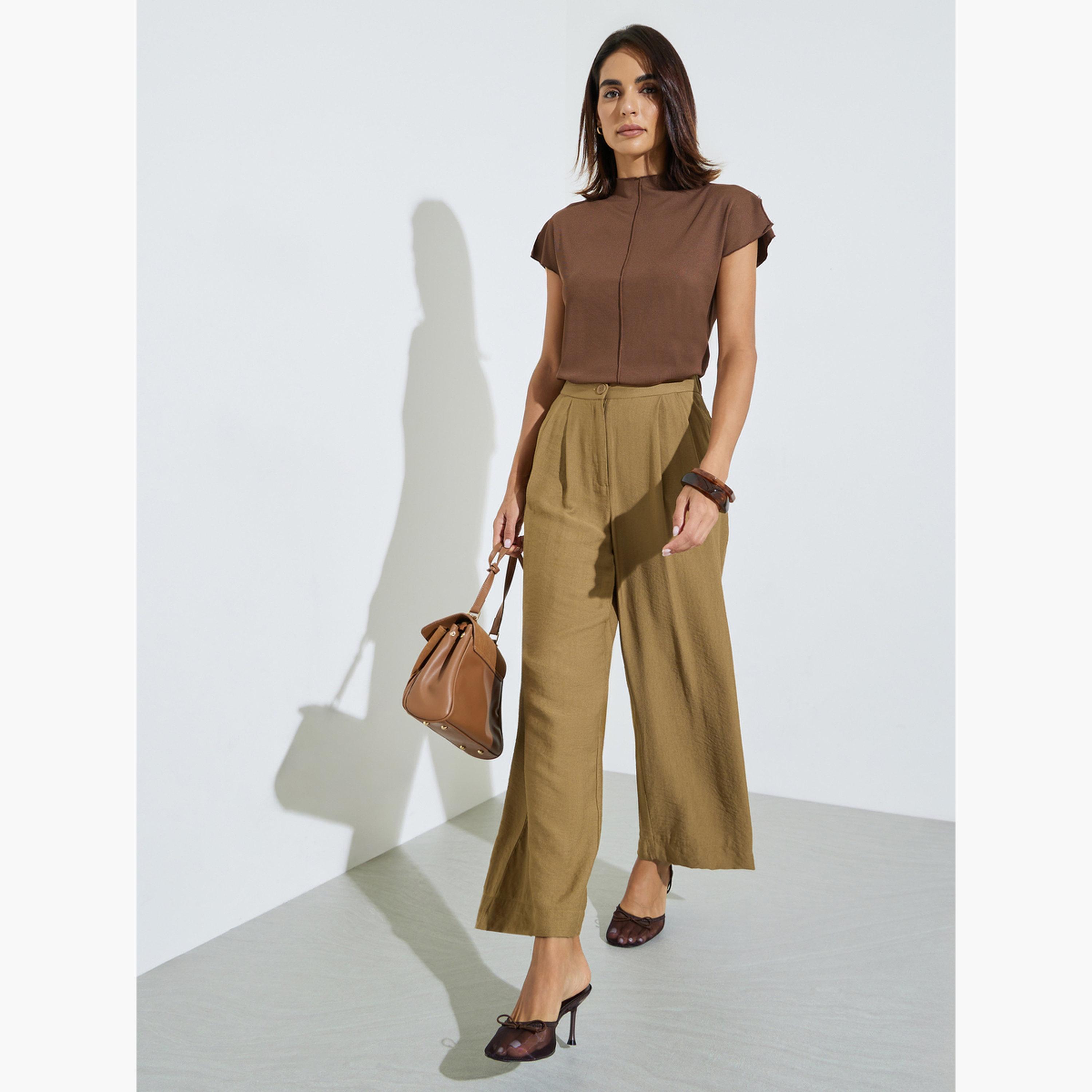 Styli Brown Wide Leg Pleated Trousers with Side Pocket-women-clothing-bottoms-joggers-image-2